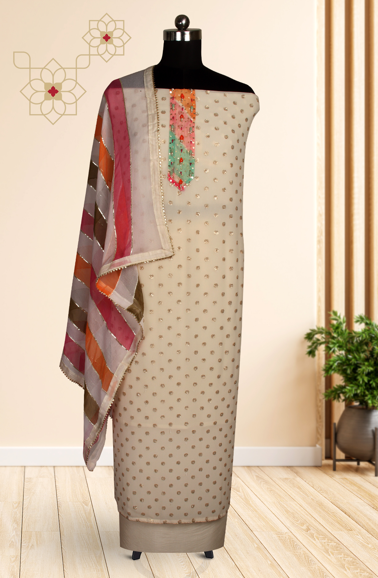 Cream Designer Georgette Salwar Kameez with Chiffon Dupatta - 693-JDF2646