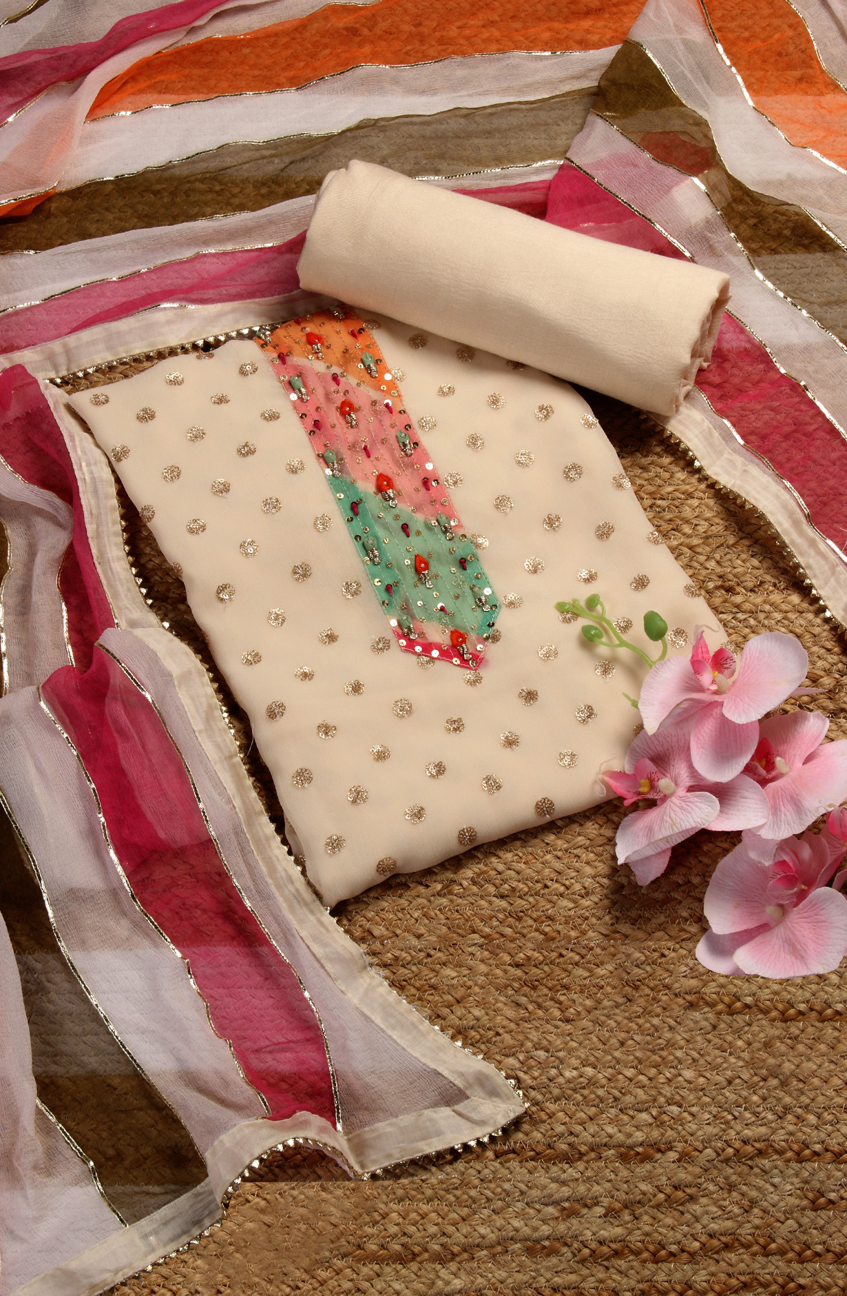 Cream Designer Georgette Salwar Kameez with Chiffon Dupatta - 693-JDF2646