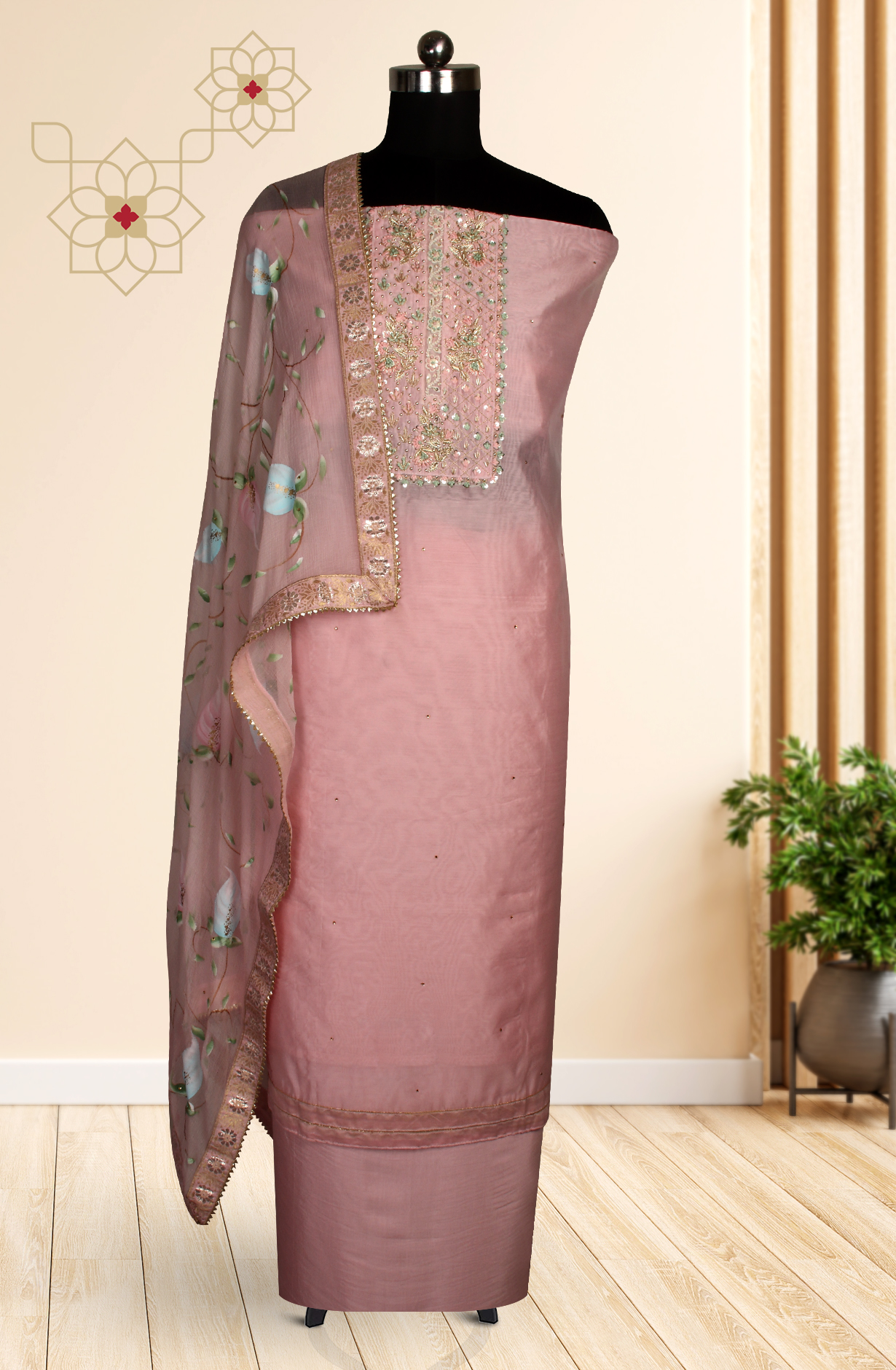 Baby Pink Chanderi Designer Salwar Suit with Chiffon Dupatta - 693-JDF2648