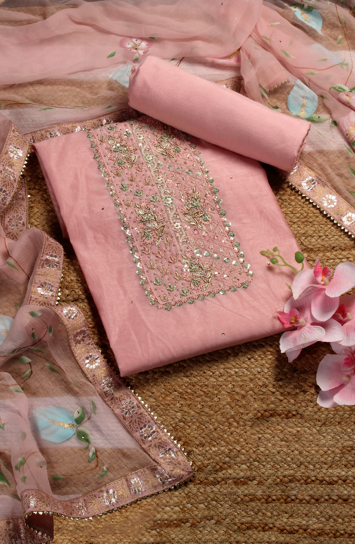 Baby Pink Chanderi Designer Salwar Suit with Chiffon Dupatta - 693-JDF2648