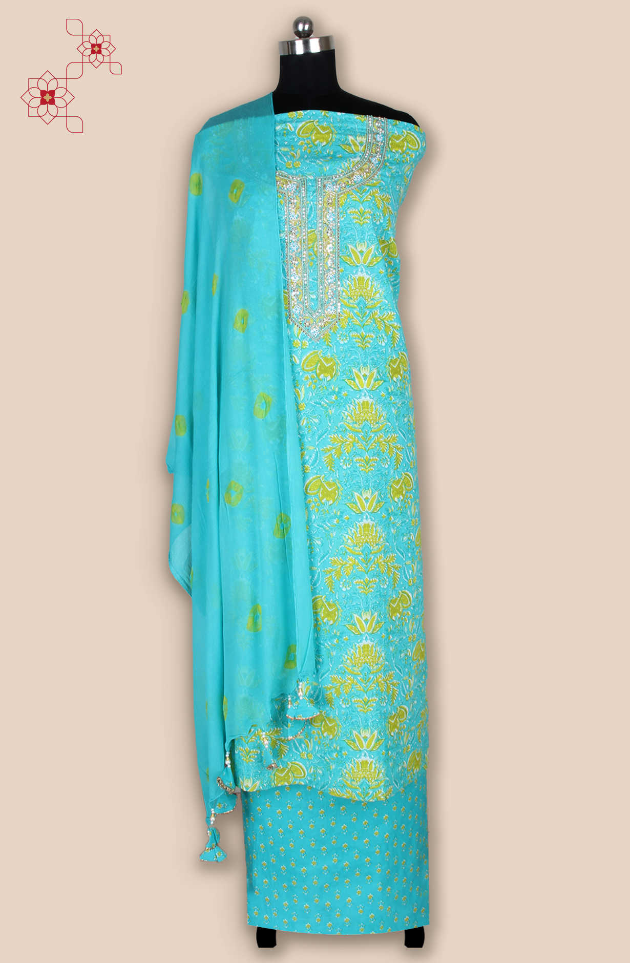 Firozi Cotton Unstitched Printed Suit with Chiffon Dupatta - 693-JDF2799