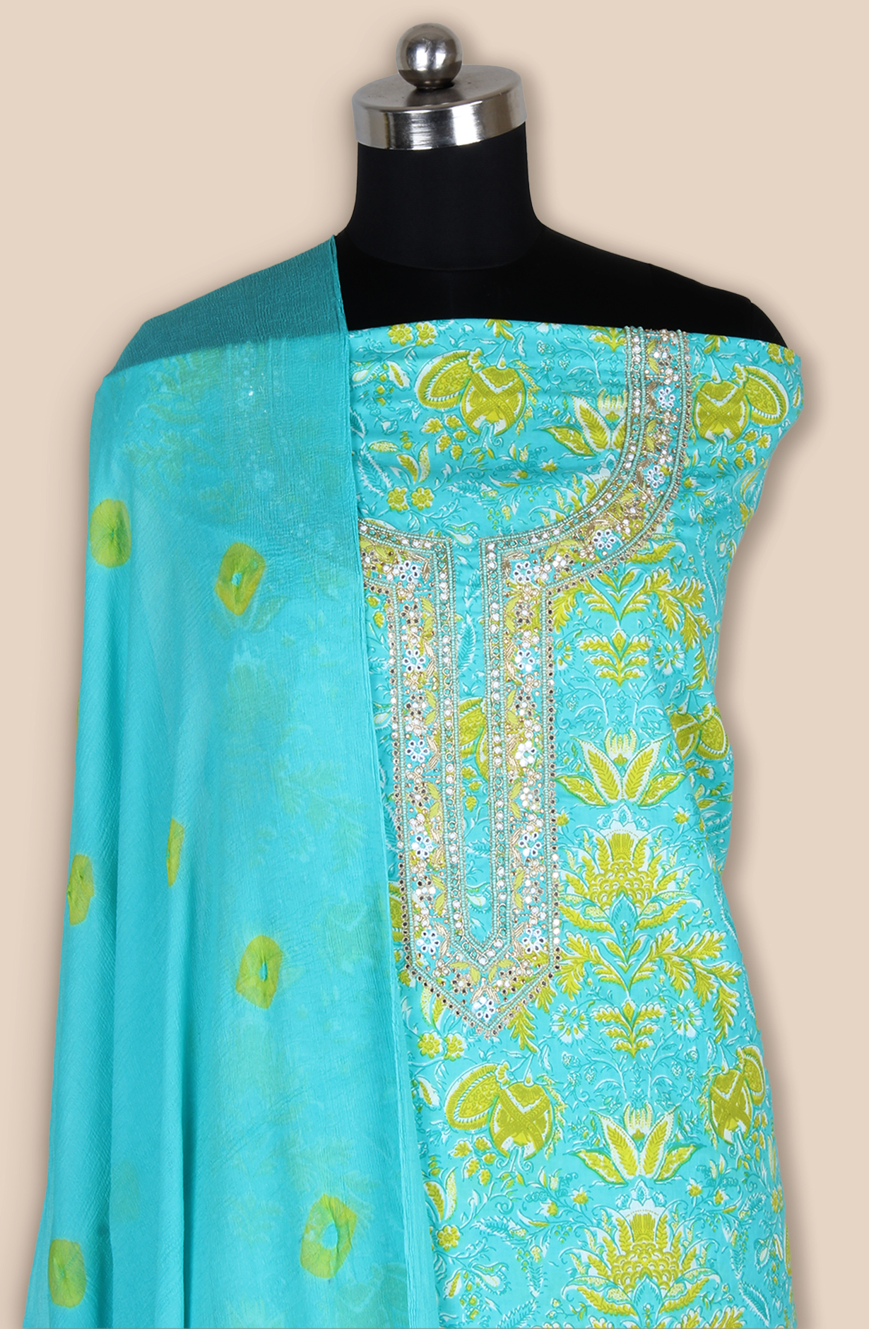 Firozi Cotton Unstitched Printed Suit with Chiffon Dupatta - 693-JDF2799