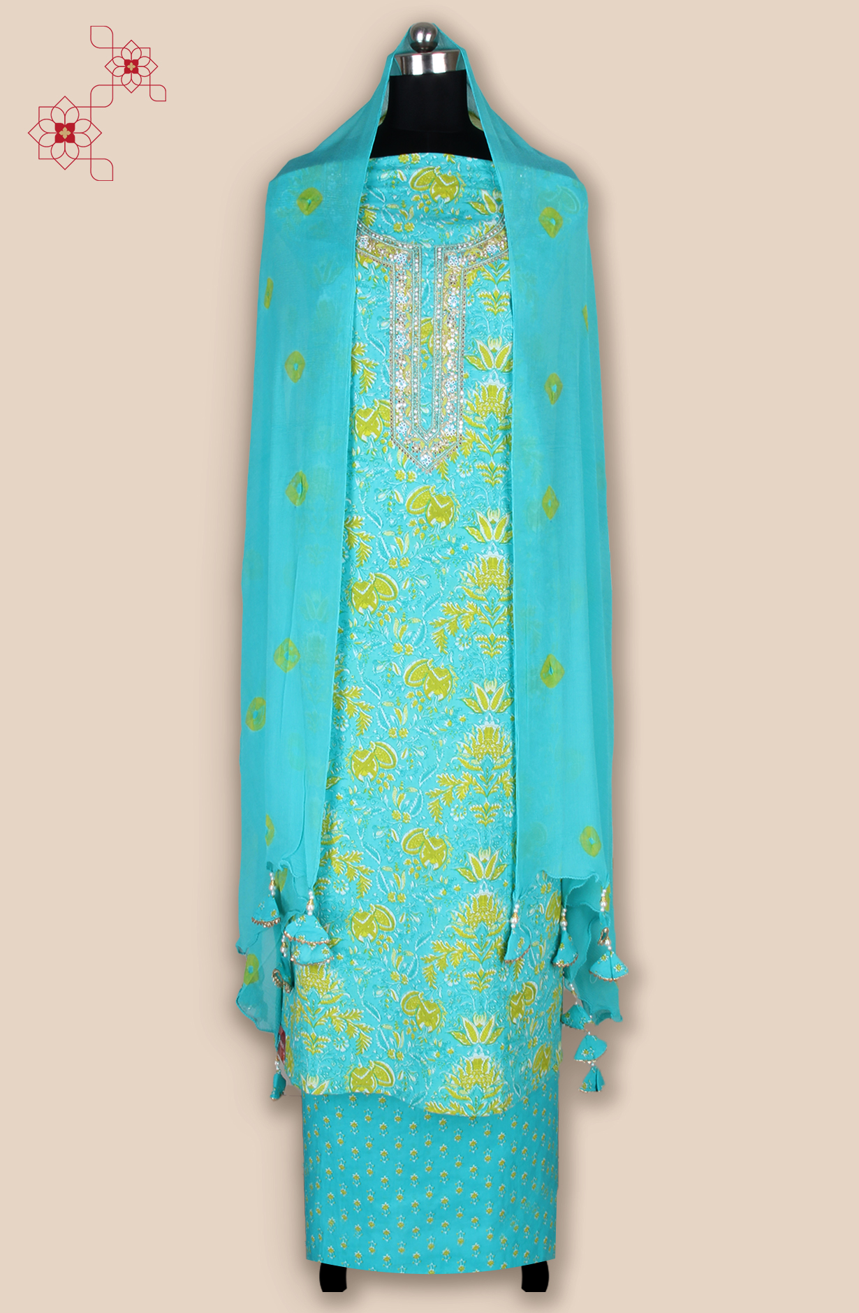 Firozi Cotton Unstitched Printed Suit with Chiffon Dupatta - 693-JDF2799