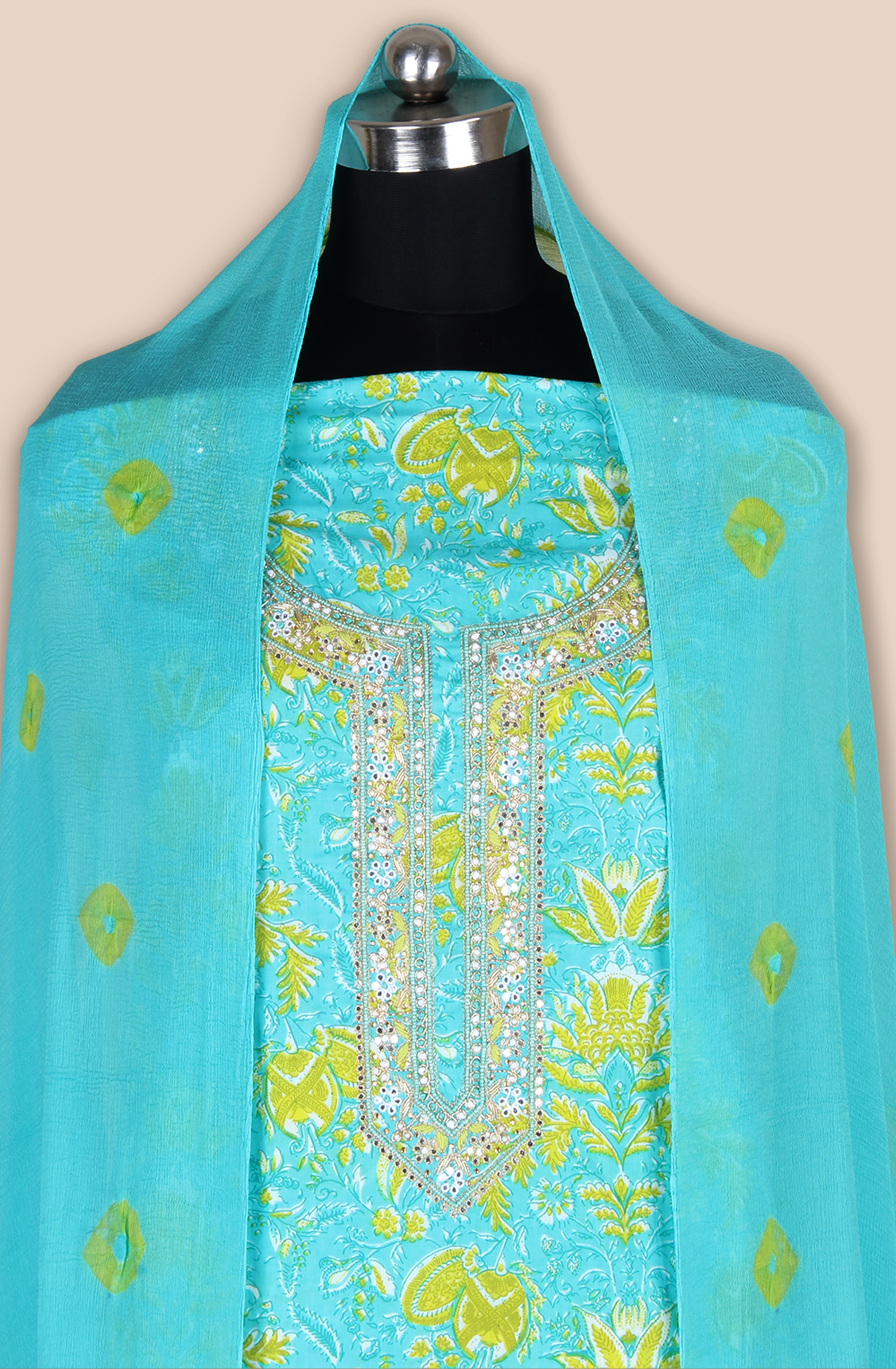 Firozi Cotton Unstitched Printed Suit with Chiffon Dupatta - 693-JDF2799