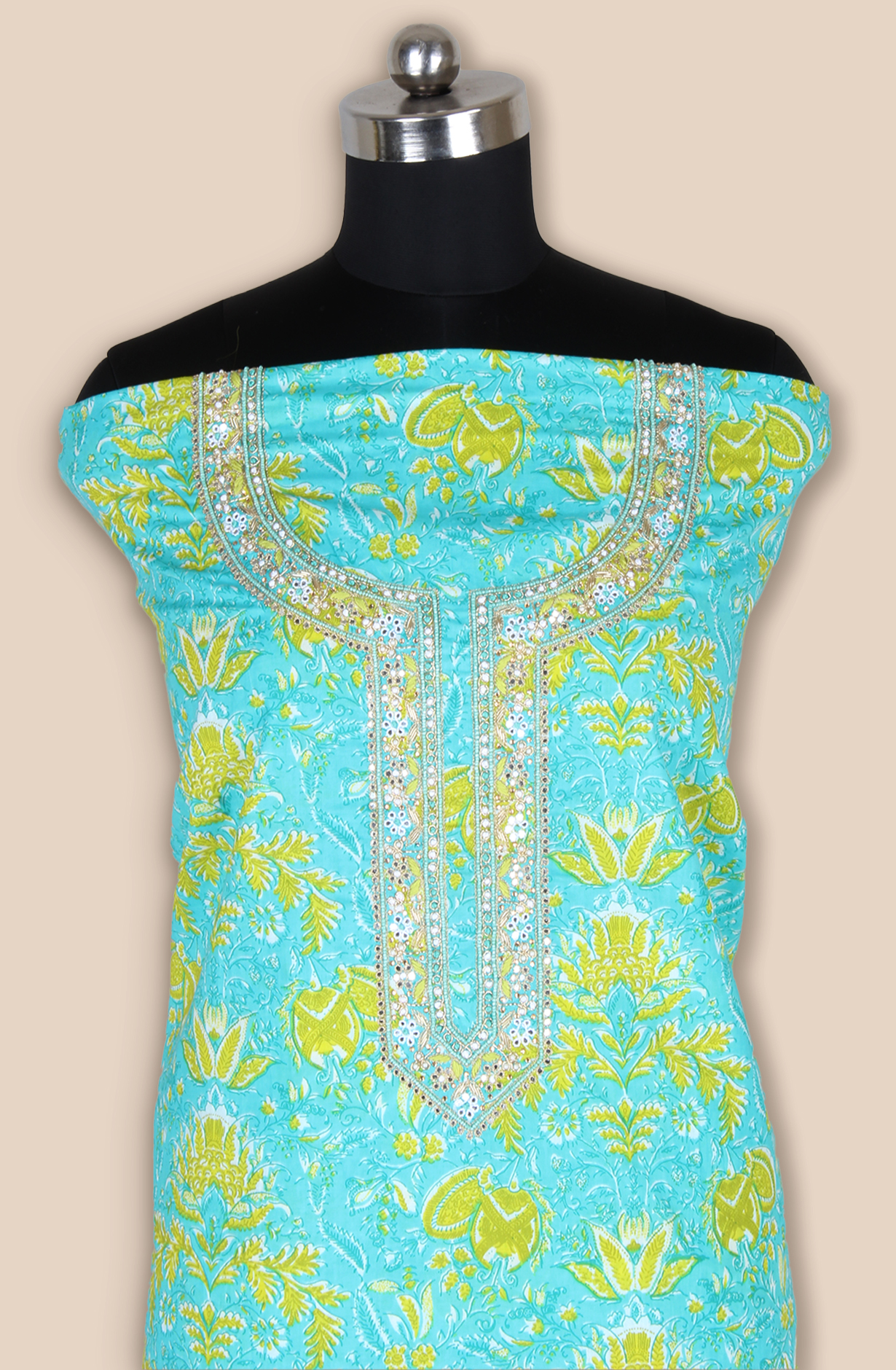 Firozi Cotton Unstitched Printed Suit with Chiffon Dupatta - 693-JDF2799