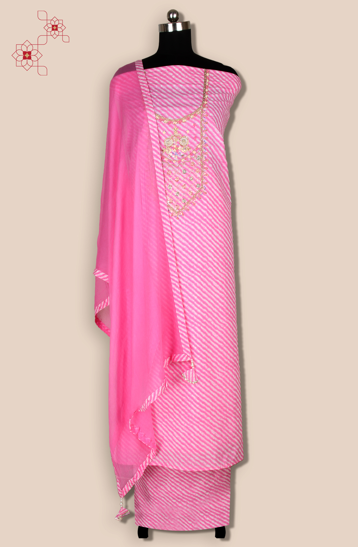Baby Pink Cotton Unstitched Leheriya Print Suit with Chiffon Dupatta - 693-JDF2832A