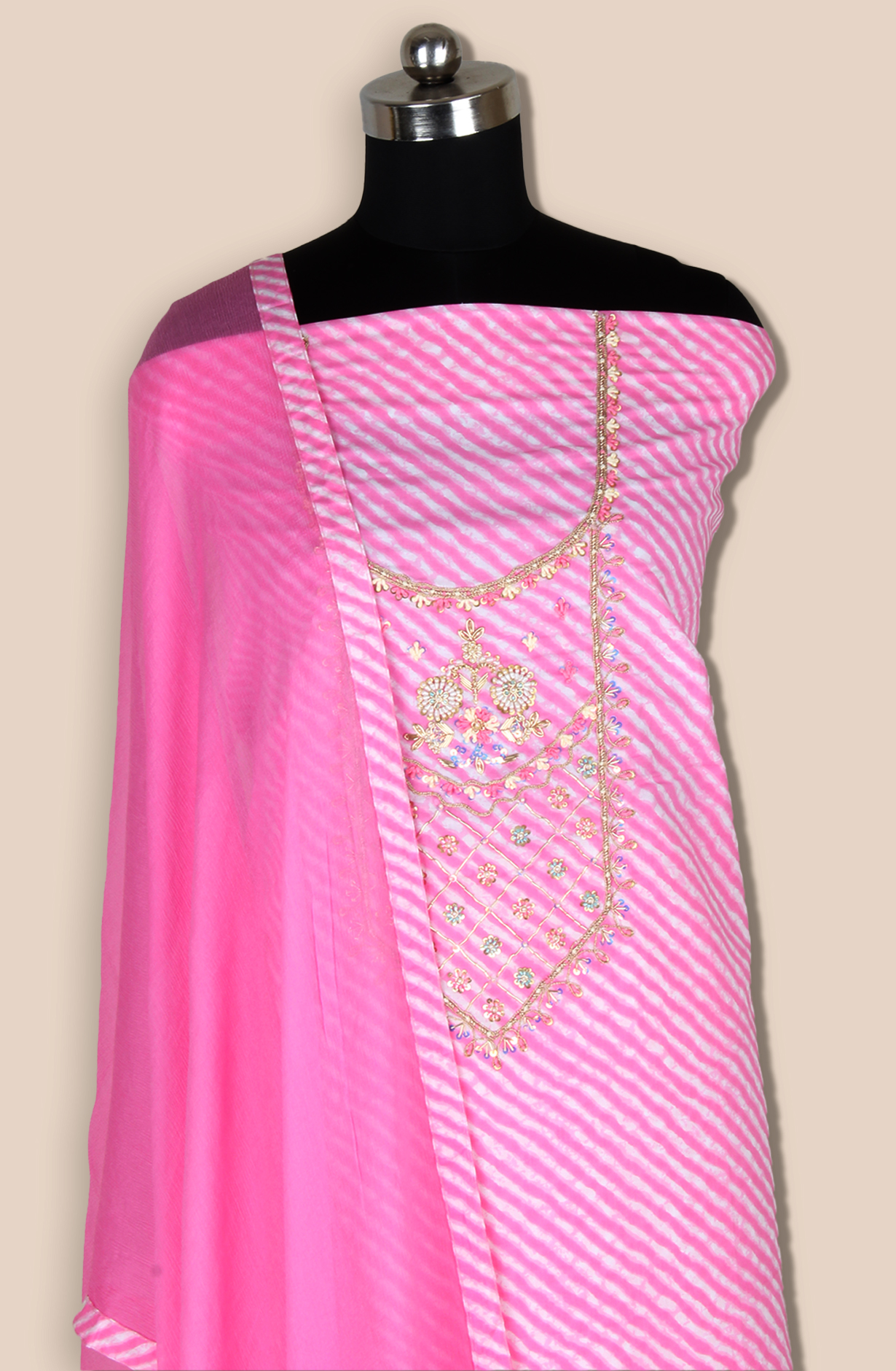 Baby Pink Cotton Unstitched Leheriya Print Suit with Chiffon Dupatta - 693-JDF2832A