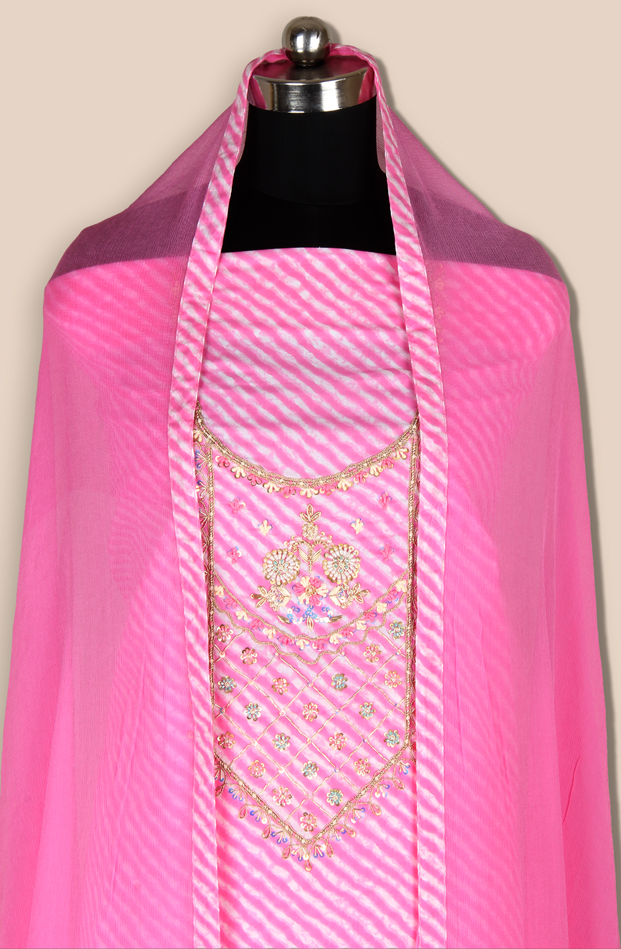 Baby Pink Cotton Unstitched Leheriya Print Suit with Chiffon Dupatta - 693-JDF2832A