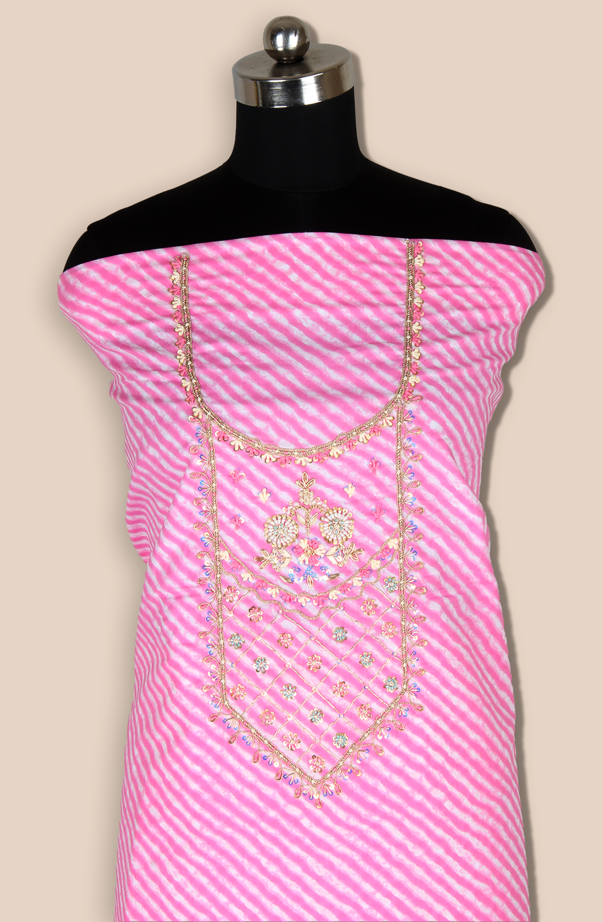 Baby Pink Cotton Unstitched Leheriya Print Suit with Chiffon Dupatta - 693-JDF2832A