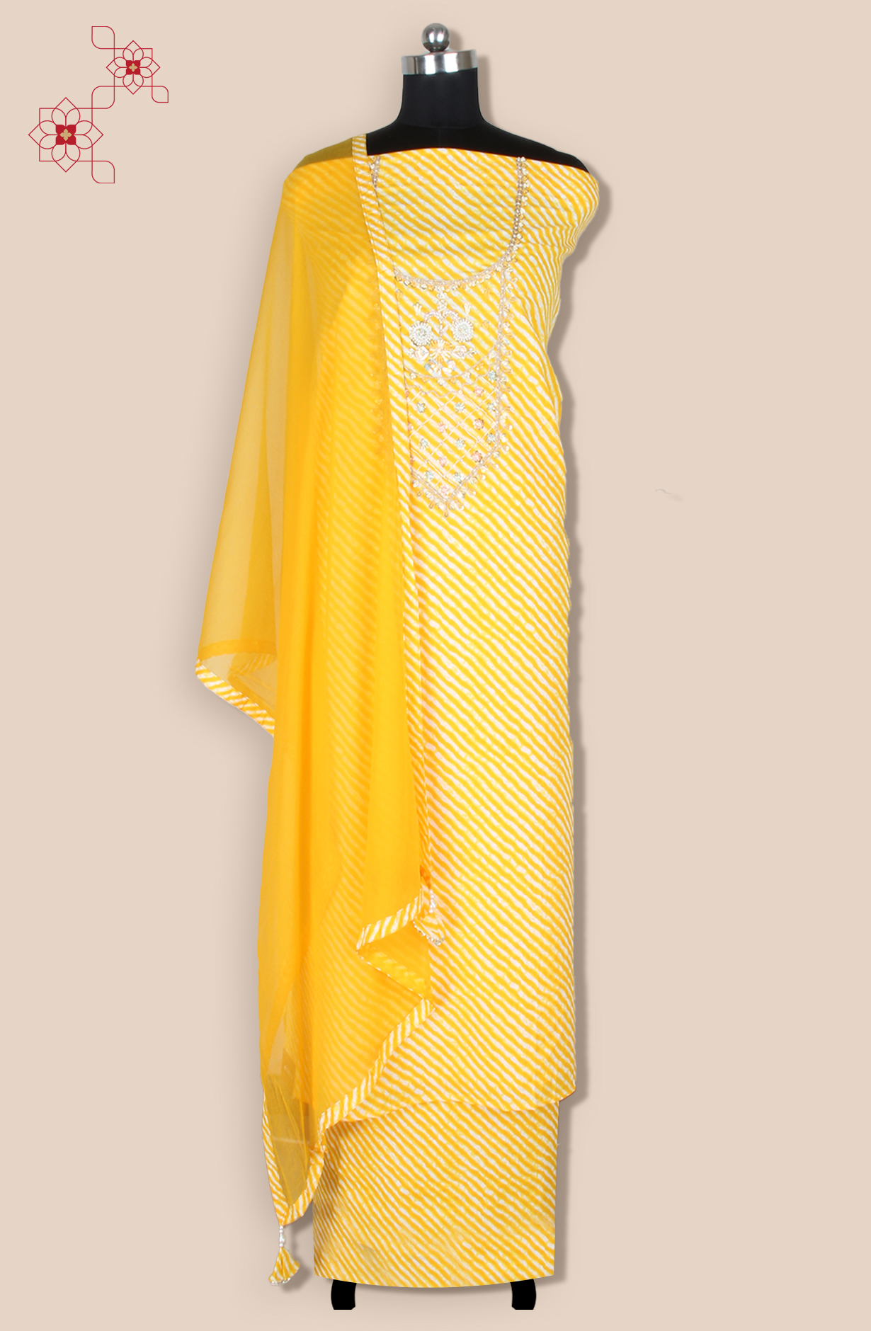 Yellow Cotton Unstitched Leheriya Print Suit with Chiffon Dupatta - 693-JDF2832B