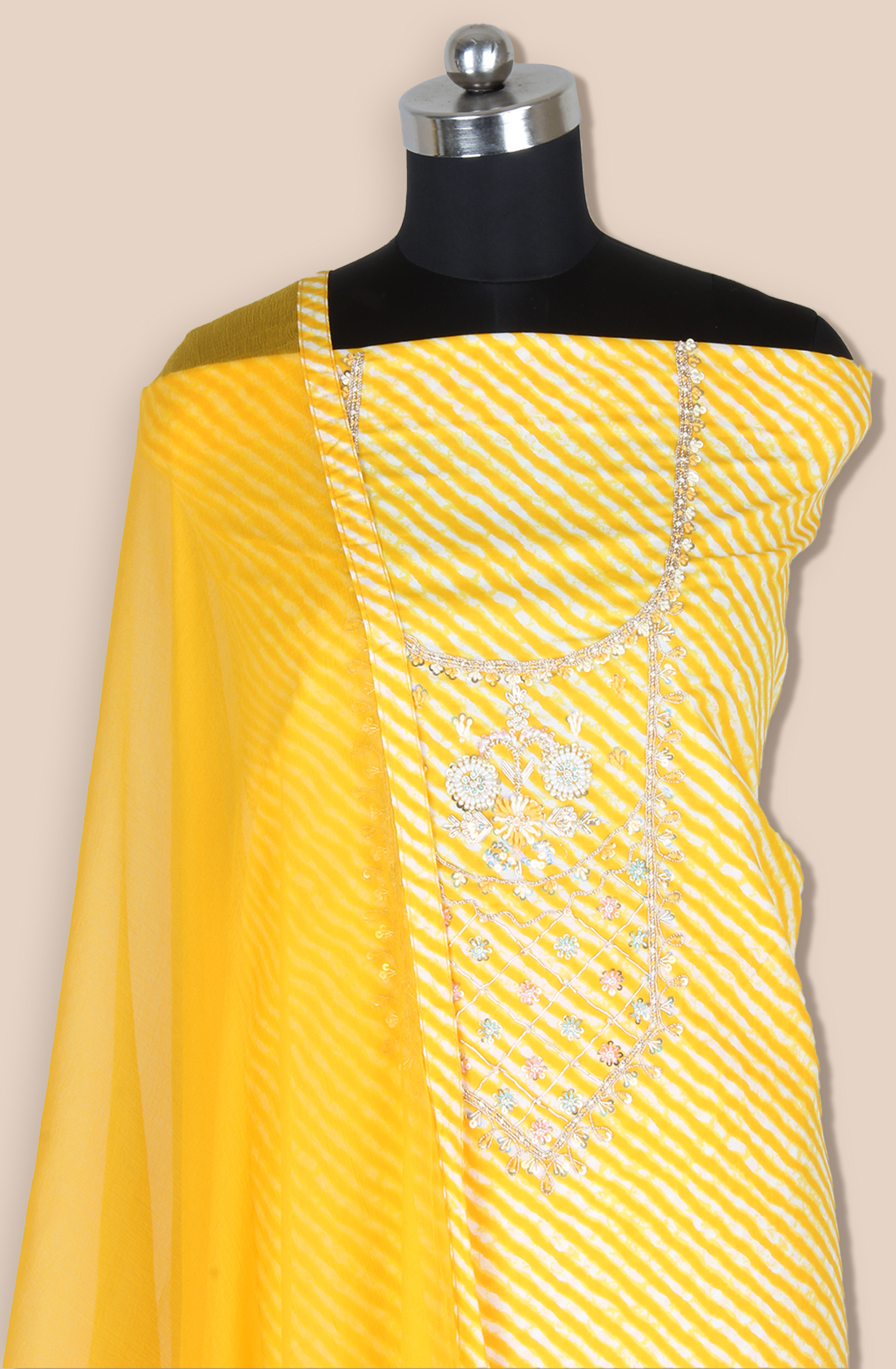 Yellow Cotton Unstitched Leheriya Print Suit with Chiffon Dupatta - 693-JDF2832B