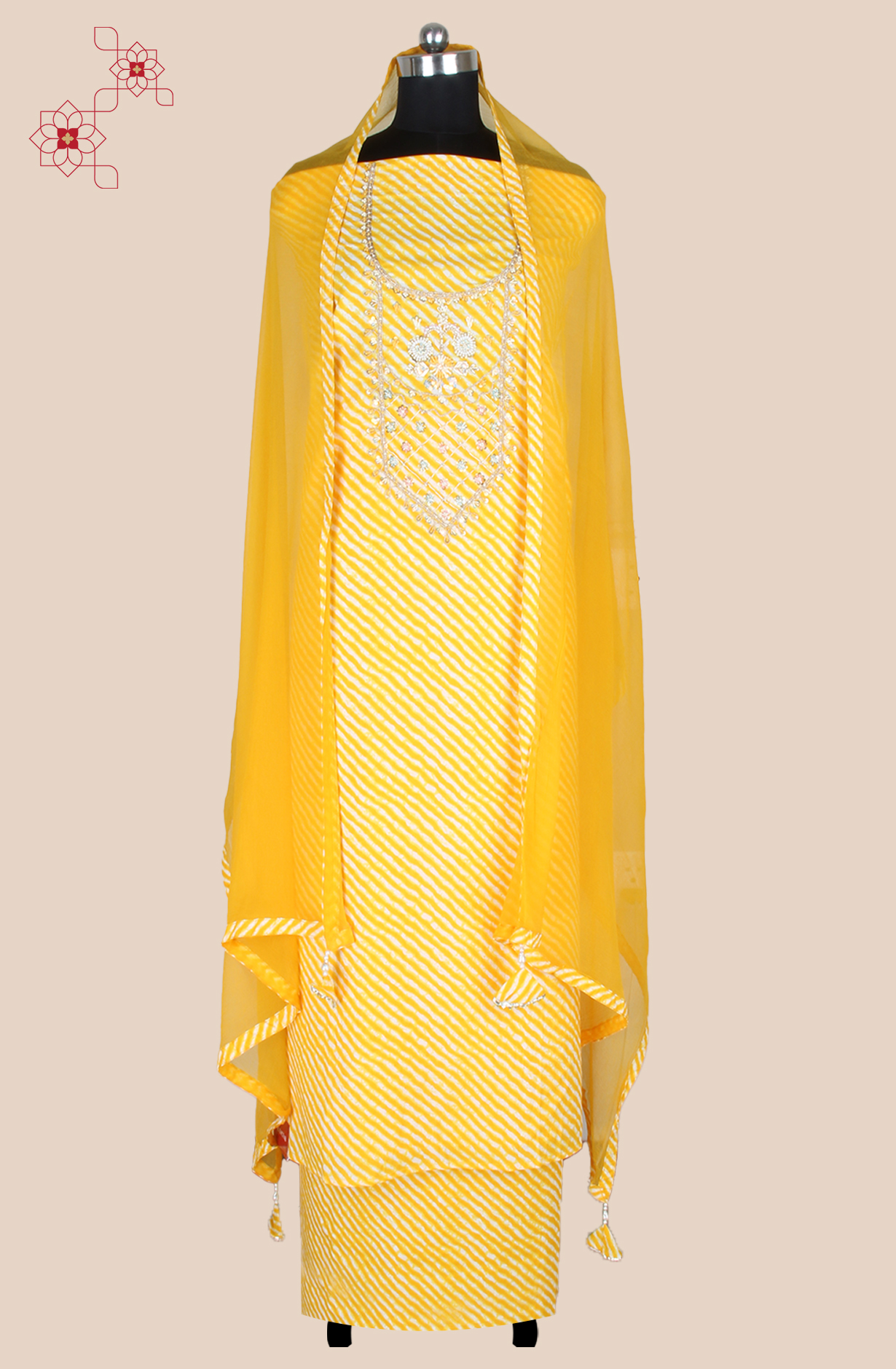 Yellow Cotton Unstitched Leheriya Print Suit with Chiffon Dupatta - 693-JDF2832B
