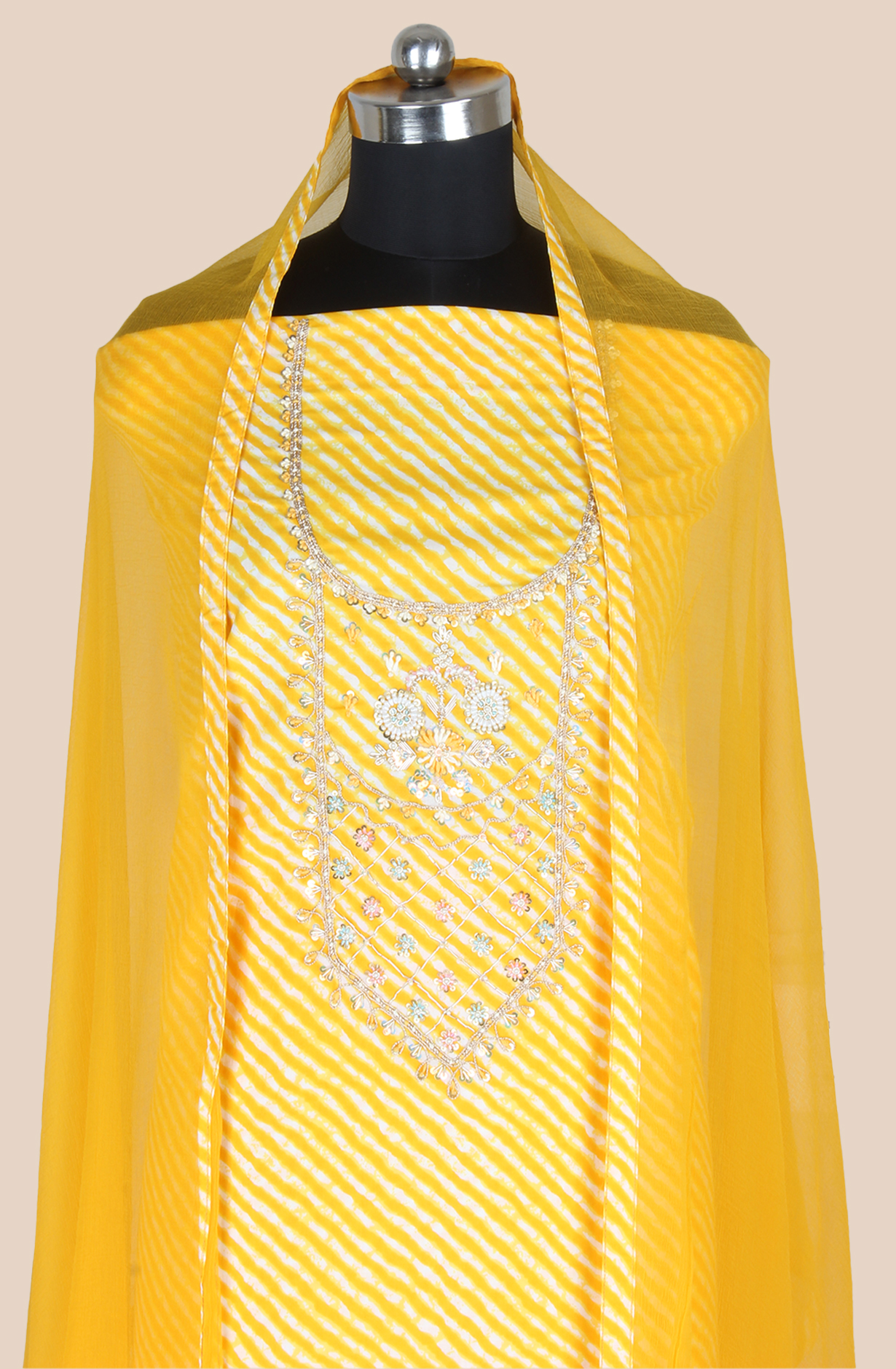 Yellow Cotton Unstitched Leheriya Print Suit with Chiffon Dupatta - 693-JDF2832B