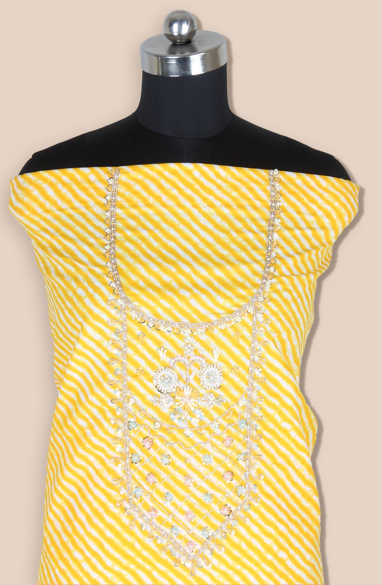 Yellow Cotton Unstitched Leheriya Print Suit with Chiffon Dupatta - 693-JDF2832B