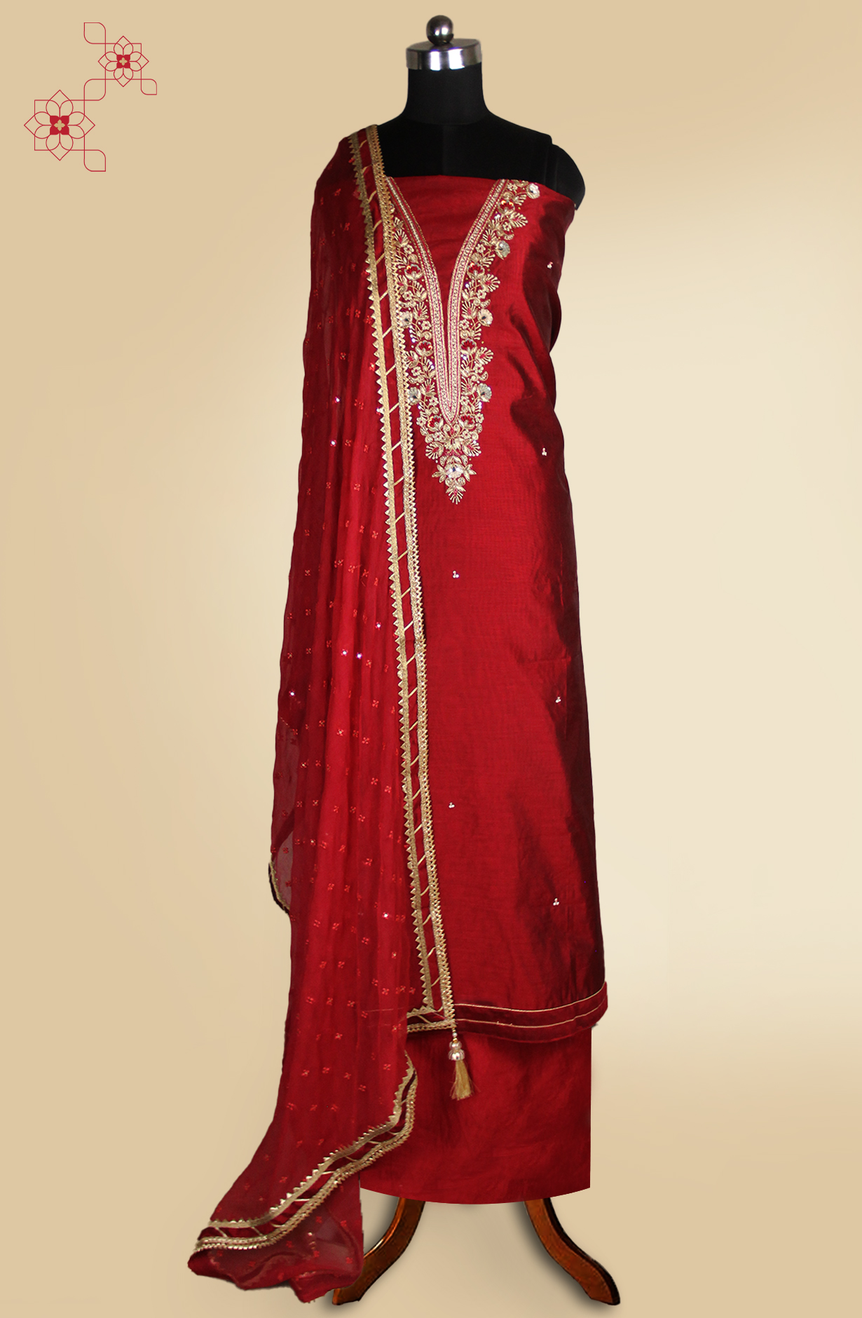 Maroon Silk Suit with Embellished Work on Neckline- 693-JDF2884
