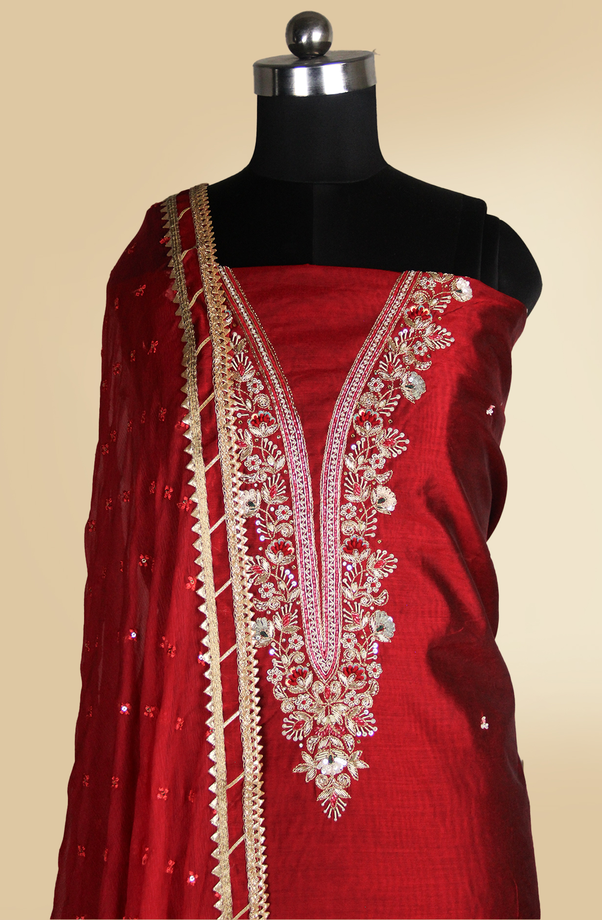 Maroon Silk Suit with Embellished Work on Neckline- 693-JDF2884