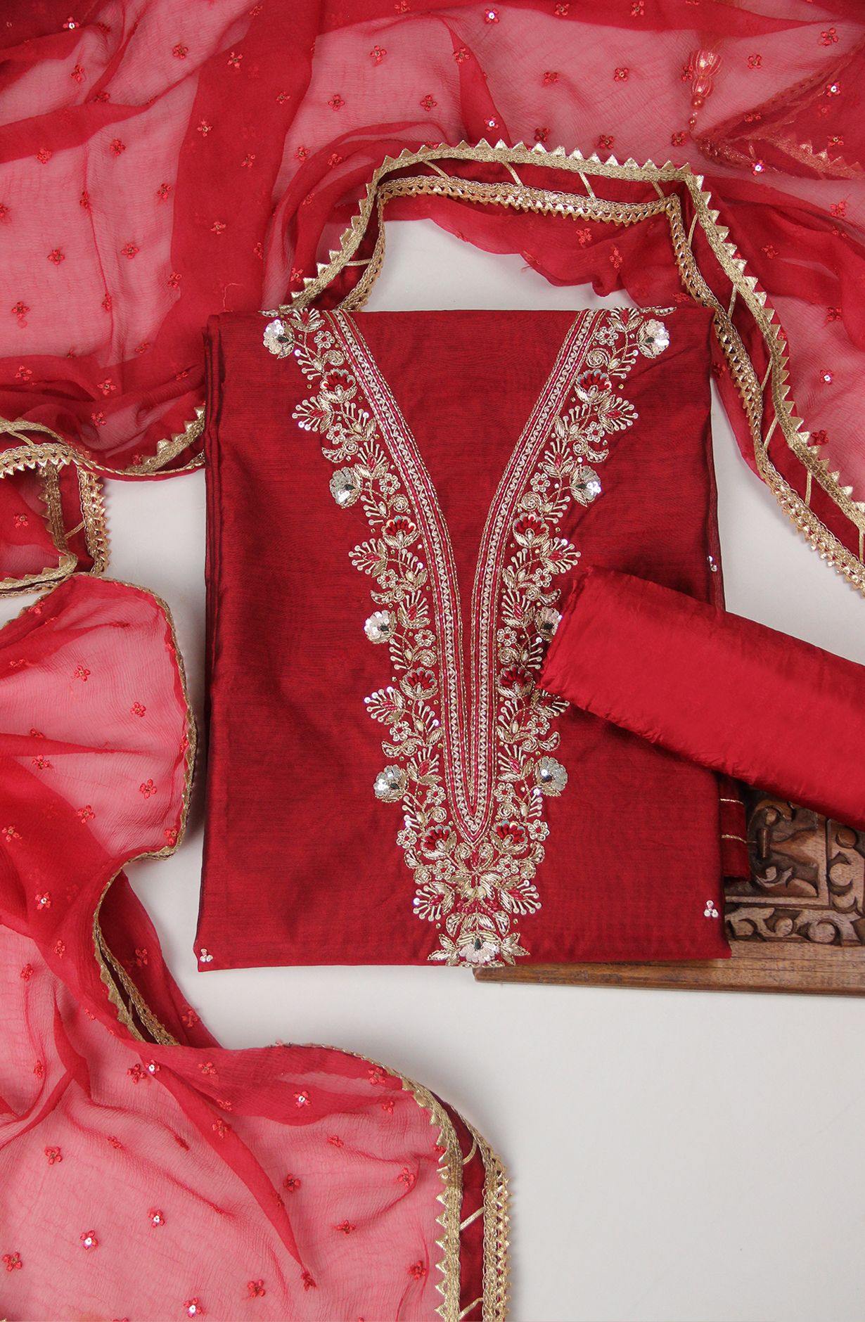 Maroon Silk Suit with Embellished Work on Neckline- 693-JDF2884