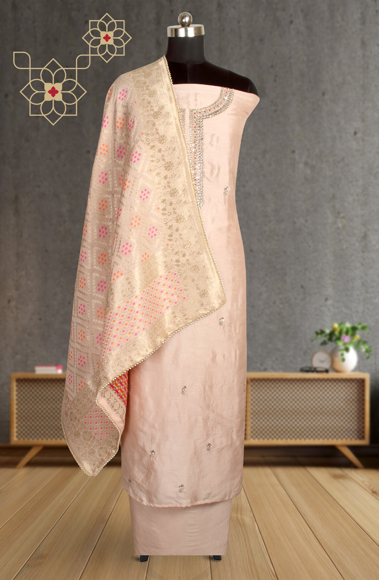 Peach Designer Chanderi Silk Salwar Kameez with Banarasi Dupatta - 693-JFJ326