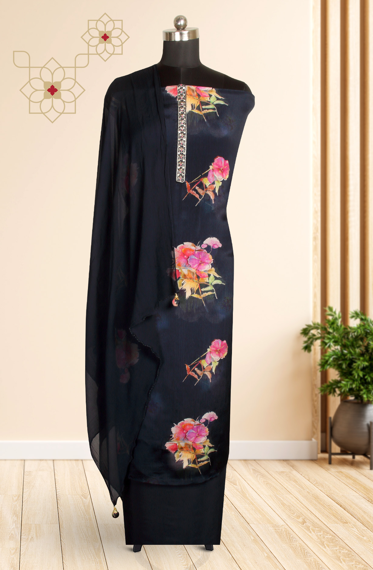 Dark Blue Chinon Digital Printed Suit-sets with Chiffon Dupatta - 693-JFJ444A