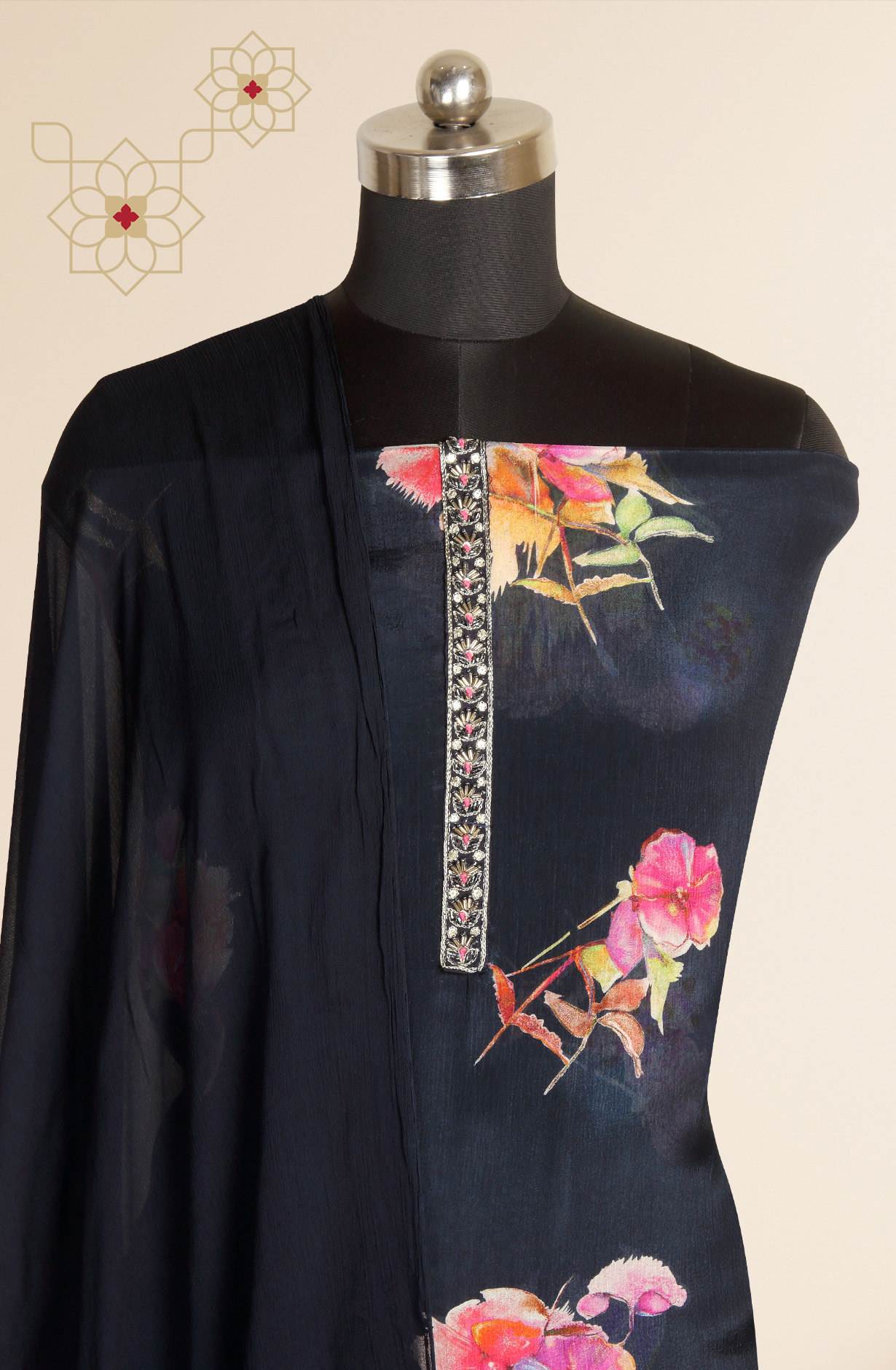 Dark Blue Chinon Digital Printed Suit-sets with Chiffon Dupatta - 693-JFJ444A