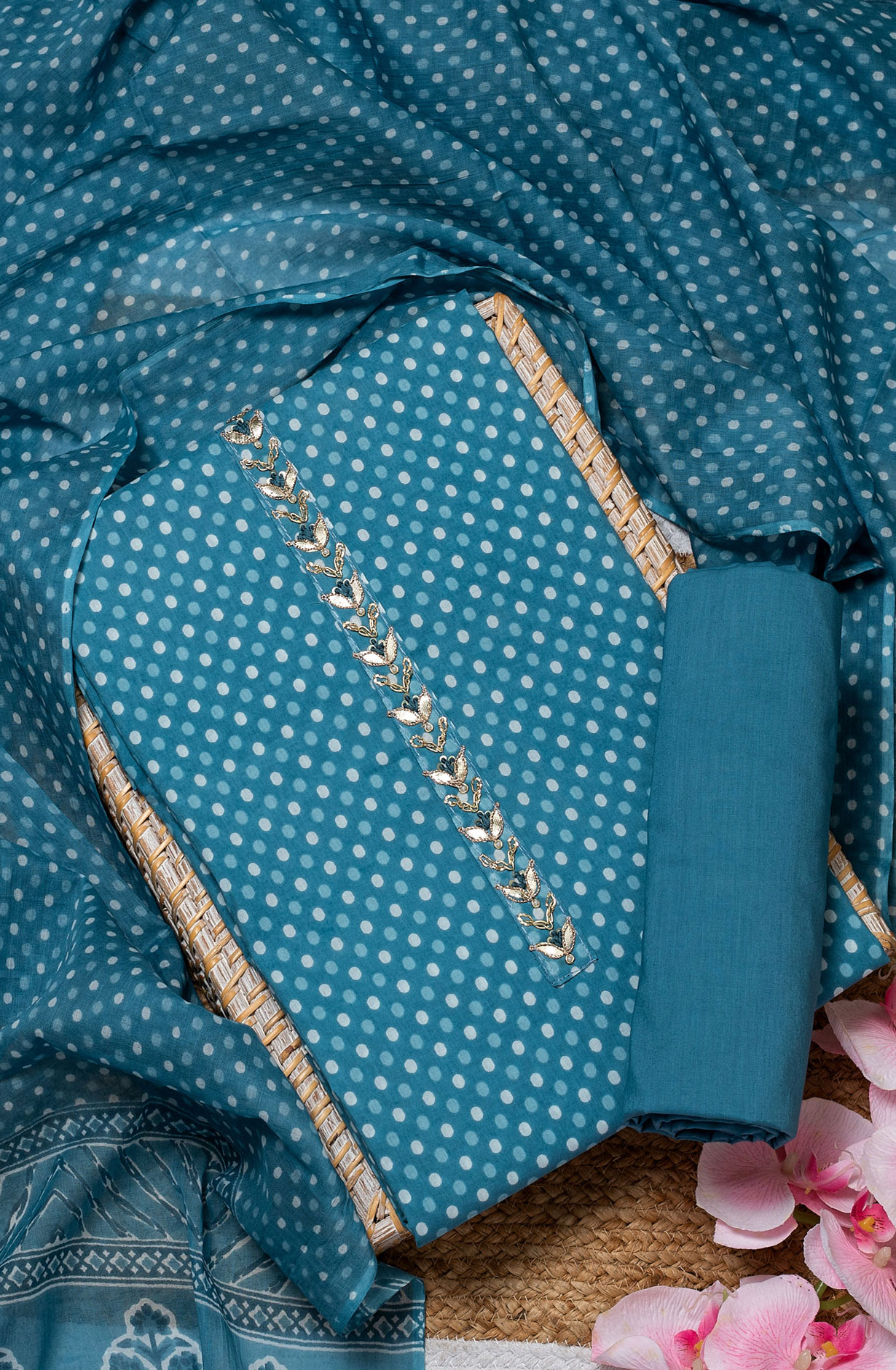 Teal Cotton Printed Salwar Suit Dupatta - 693-JFJ478