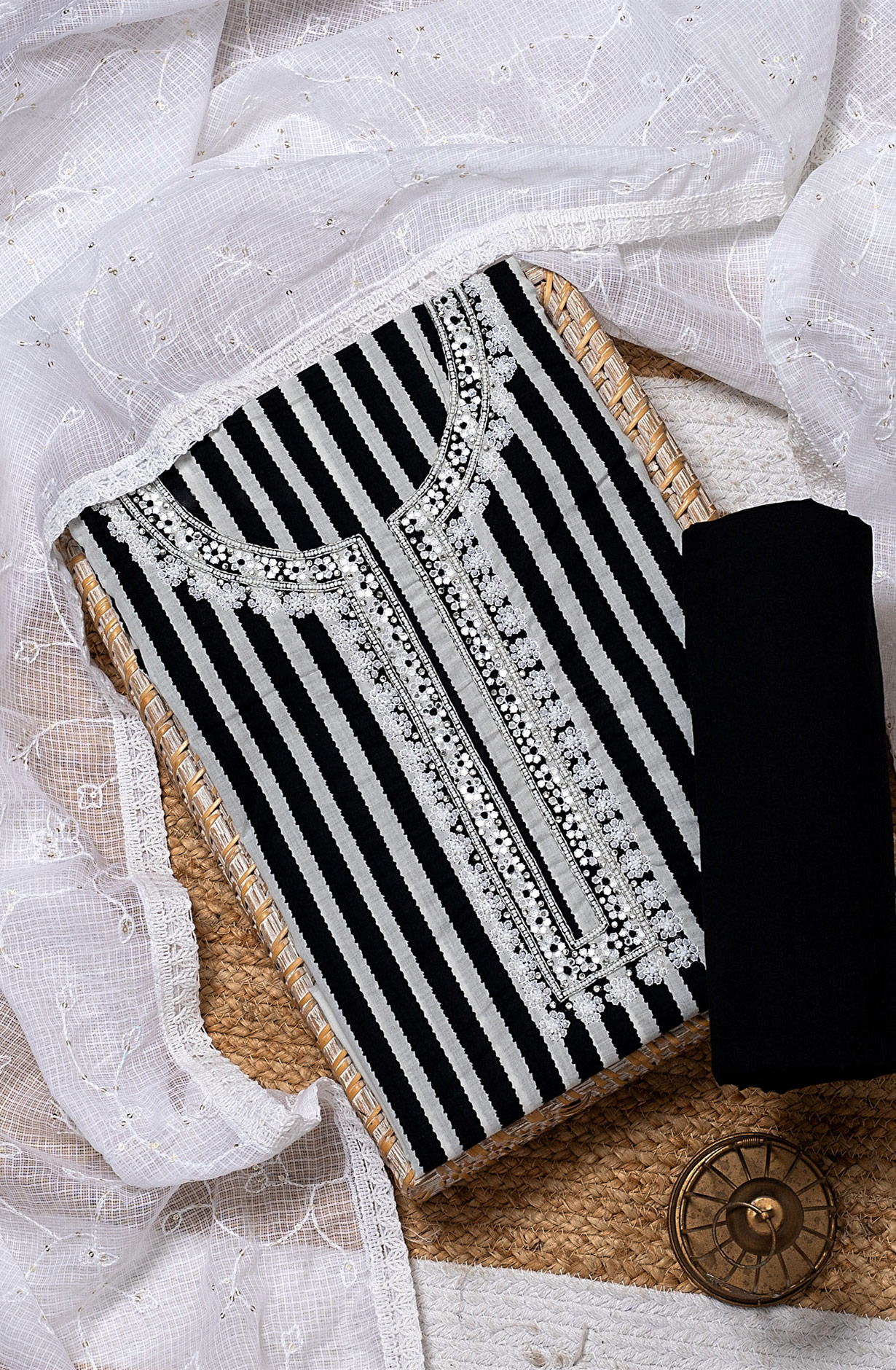 Black and White Cotton Printed Salwar Kameez with Kota Dupatta - 693-JFJ486