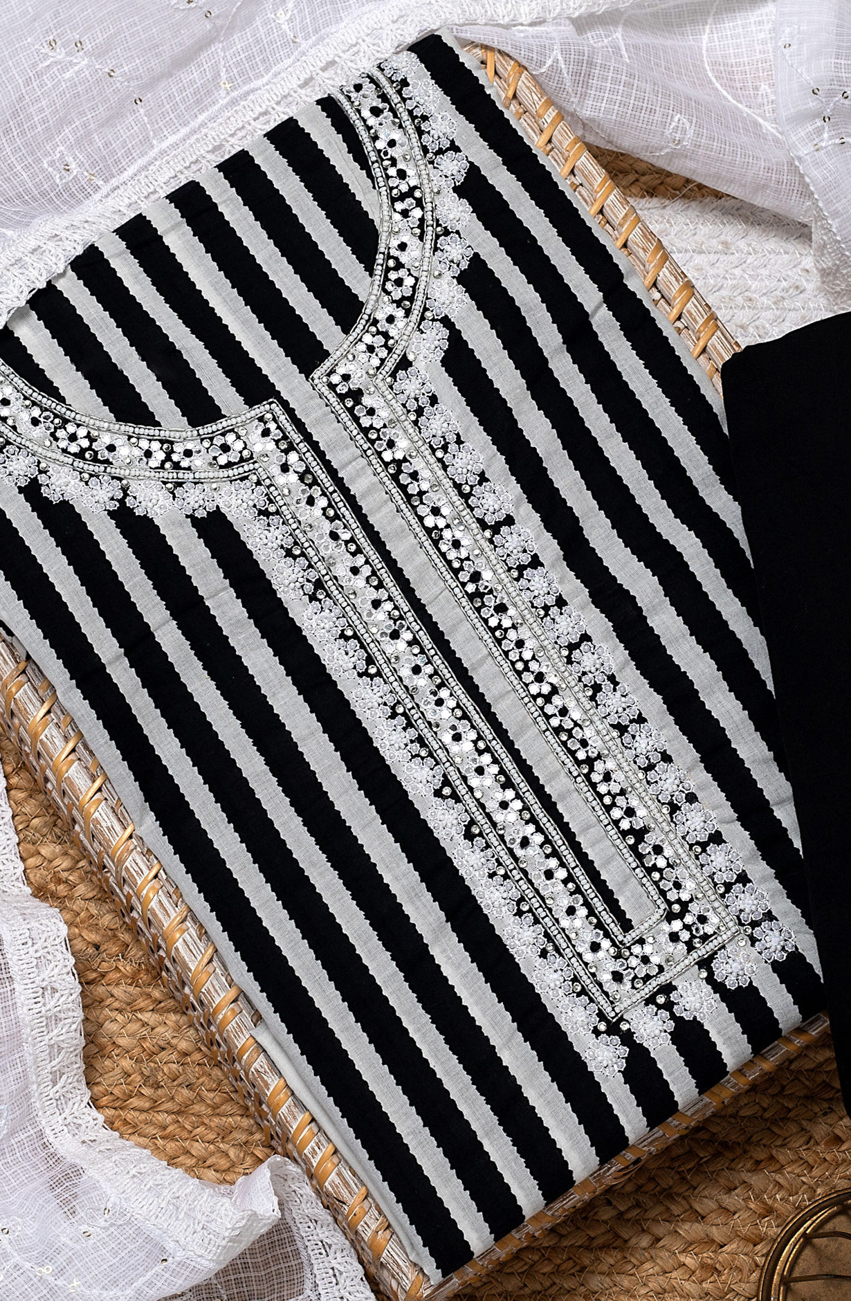 Black and White Cotton Printed Salwar Kameez with Kota Dupatta - 693-JFJ486