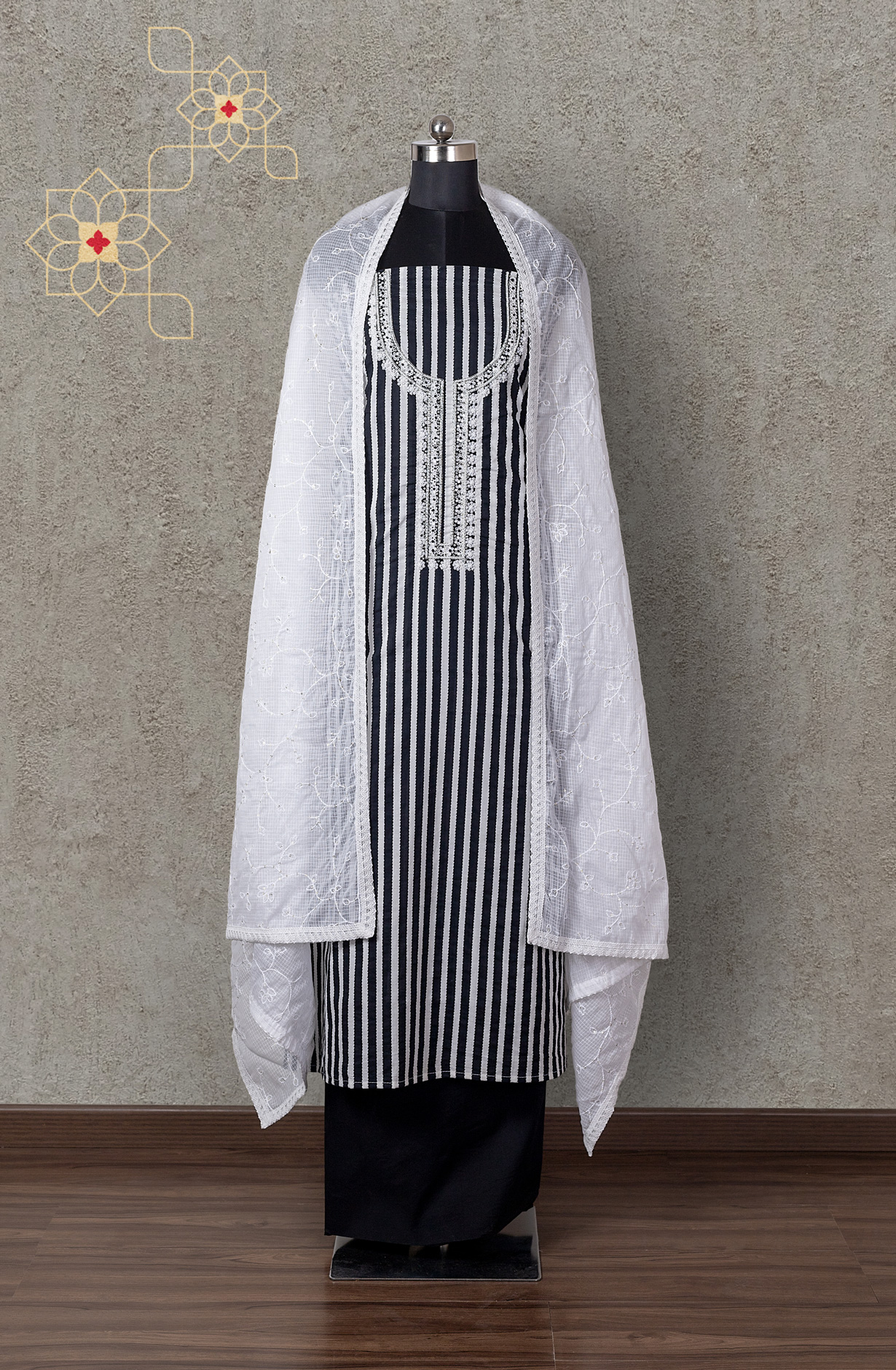 Black and White Cotton Printed Salwar Kameez with Kota Dupatta - 693-JFJ486