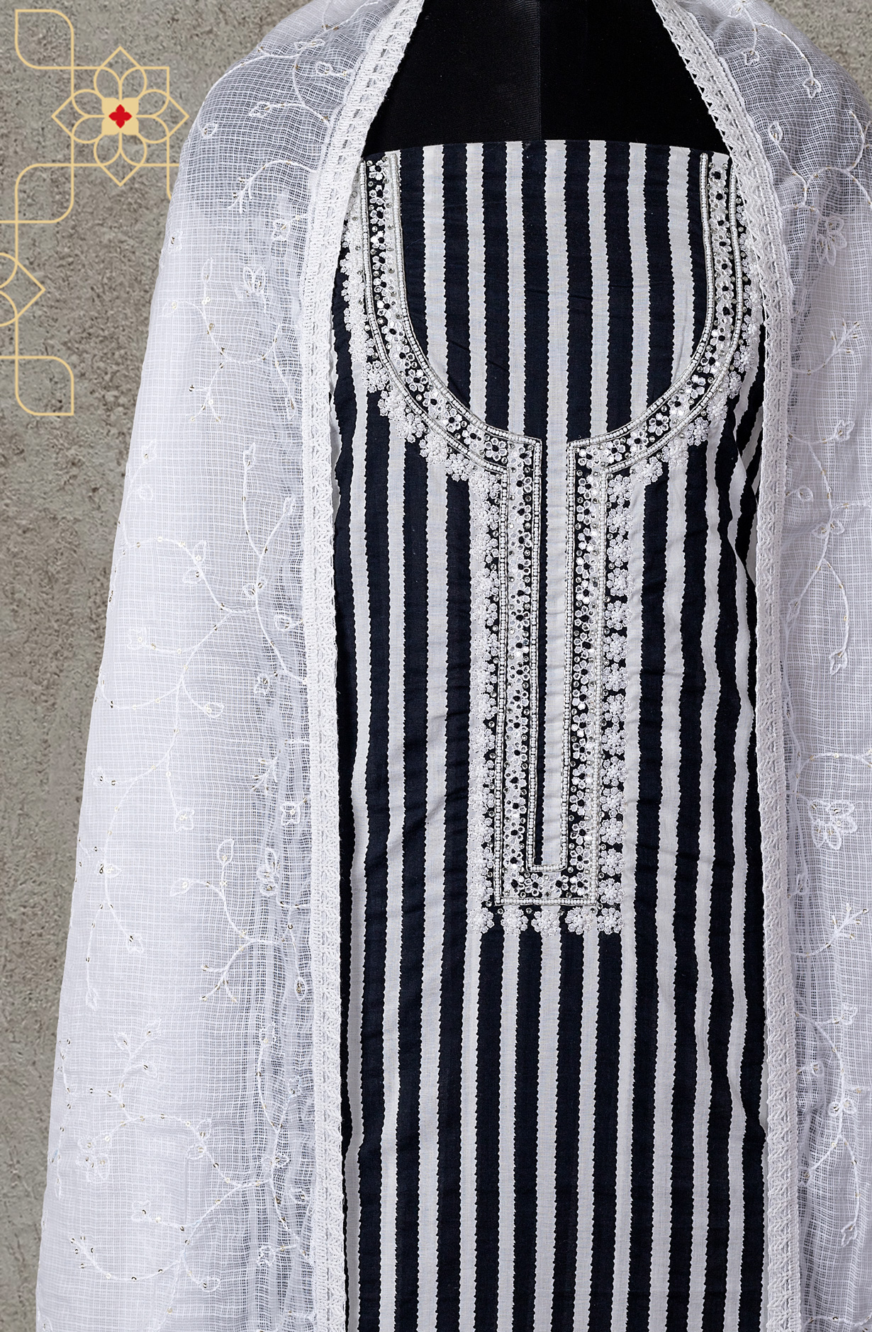 Black and White Cotton Printed Salwar Kameez with Kota Dupatta - 693-JFJ486