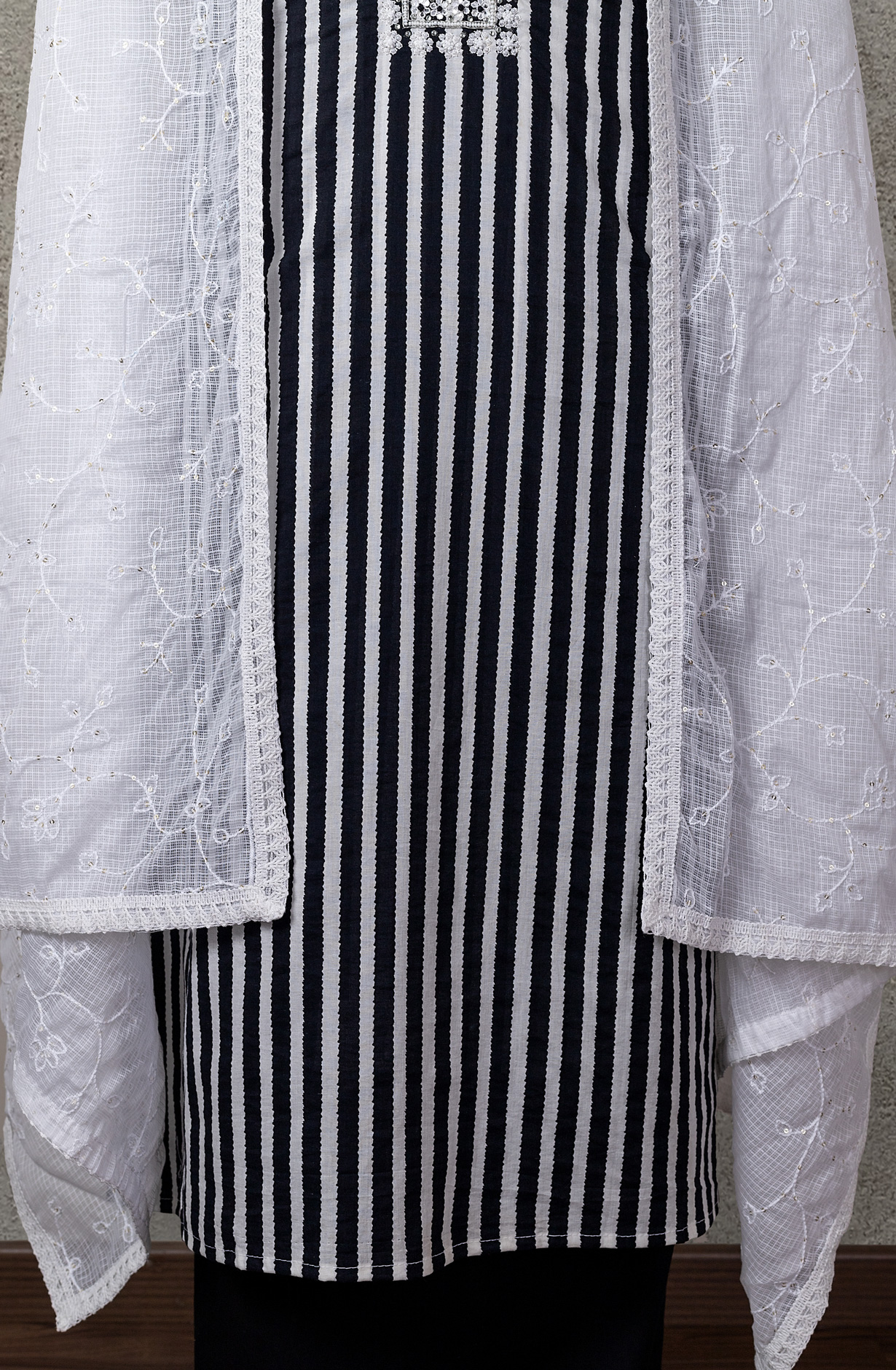 Black and White Cotton Printed Salwar Kameez with Kota Dupatta - 693-JFJ486