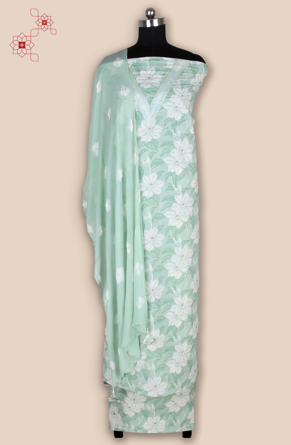 Pista Green Cotton Unstitched Printed Suit with Chiffon Dupatta - 693-JFJ718