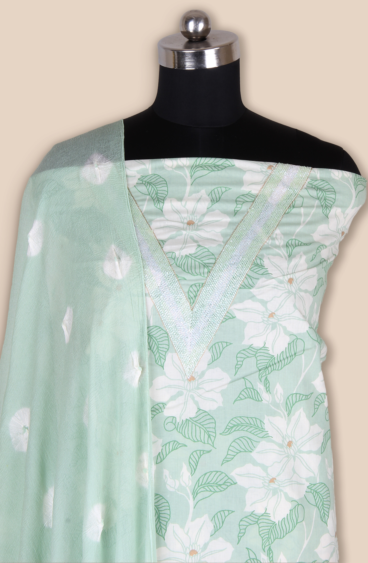 Pista Green Cotton Unstitched Printed Suit with Chiffon Dupatta - 693-JFJ718