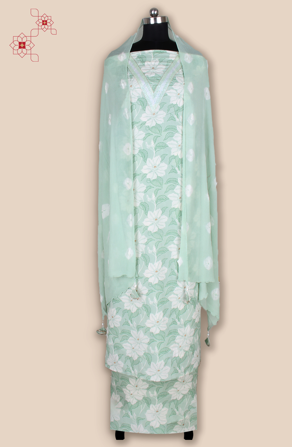 Pista Green Cotton Unstitched Printed Suit with Chiffon Dupatta - 693-JFJ718