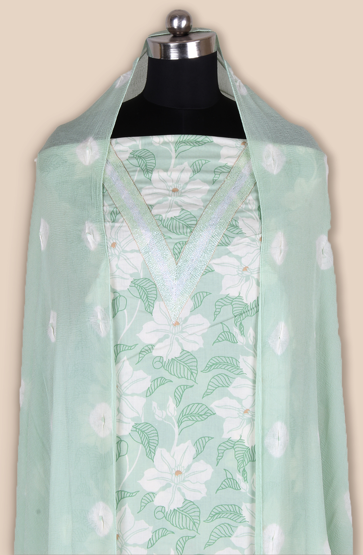 Pista Green Cotton Unstitched Printed Suit with Chiffon Dupatta - 693-JFJ718