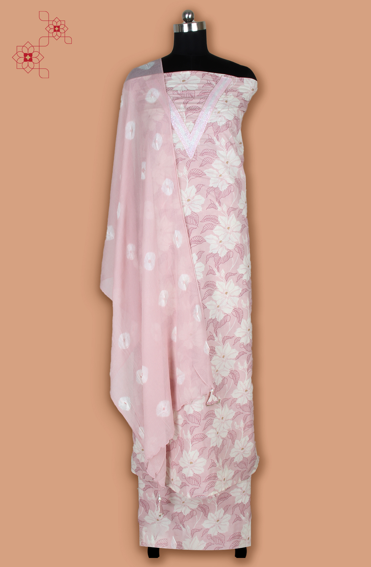 Peach Cotton Unstitched Printed Suit with Chiffon Dupatta - 693-JFJ718A