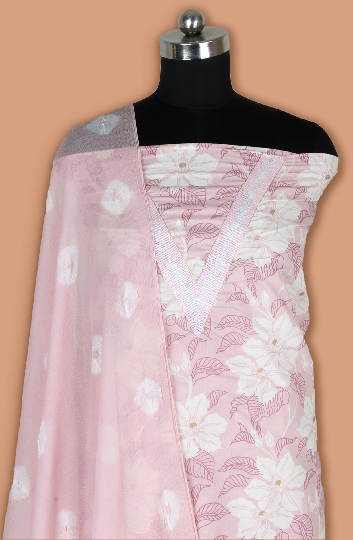 Peach Cotton Unstitched Printed Suit with Chiffon Dupatta - 693-JFJ718A