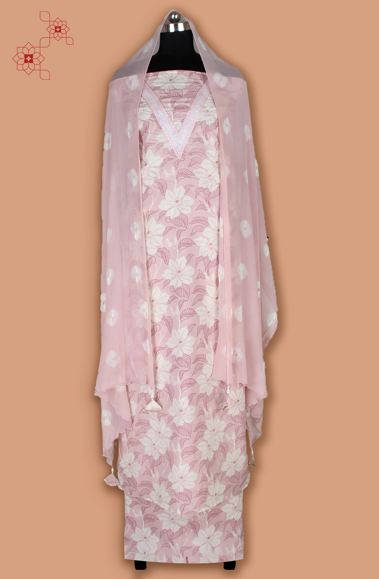 Peach Cotton Unstitched Printed Suit with Chiffon Dupatta - 693-JFJ718A