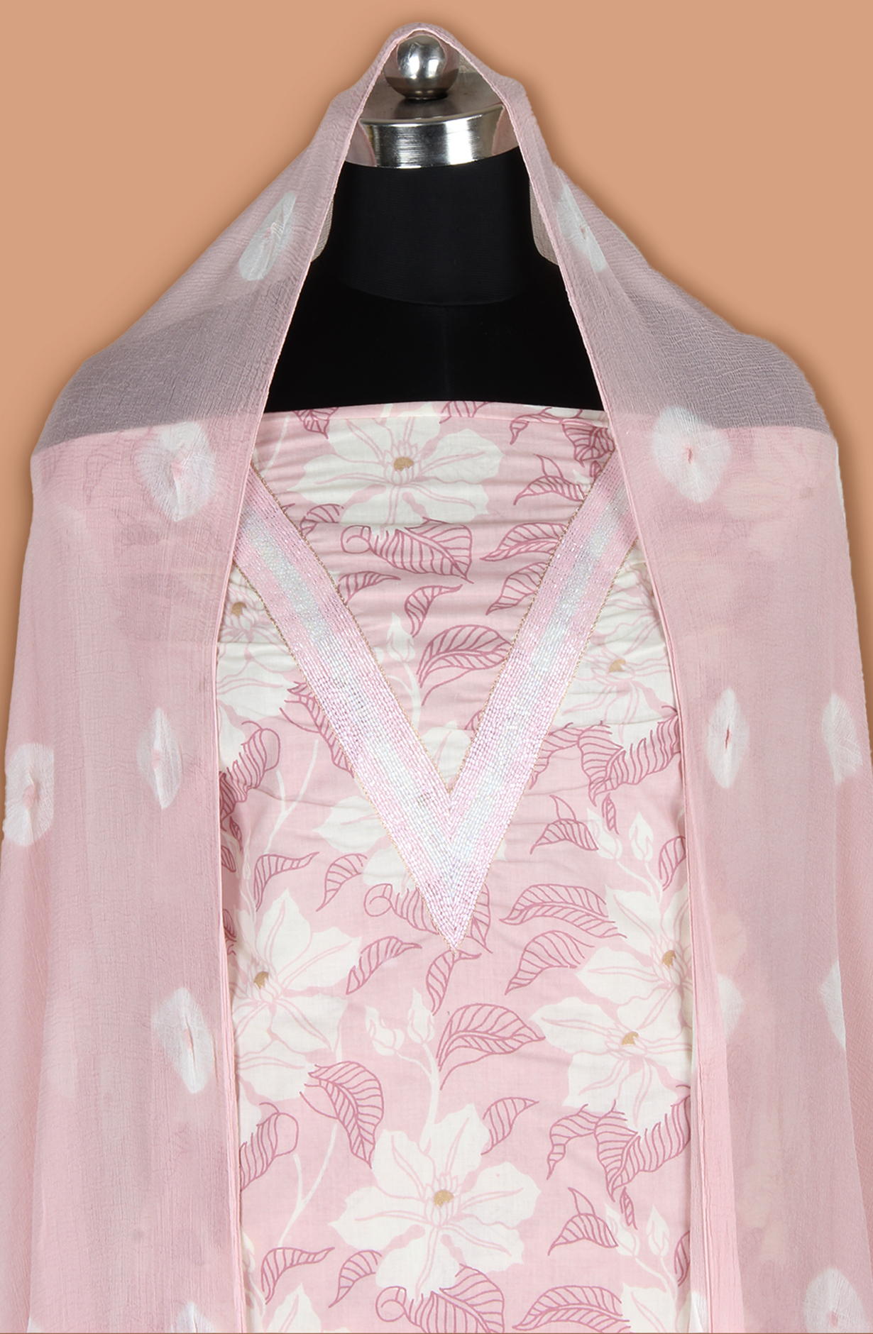 Peach Cotton Unstitched Printed Suit with Chiffon Dupatta - 693-JFJ718A