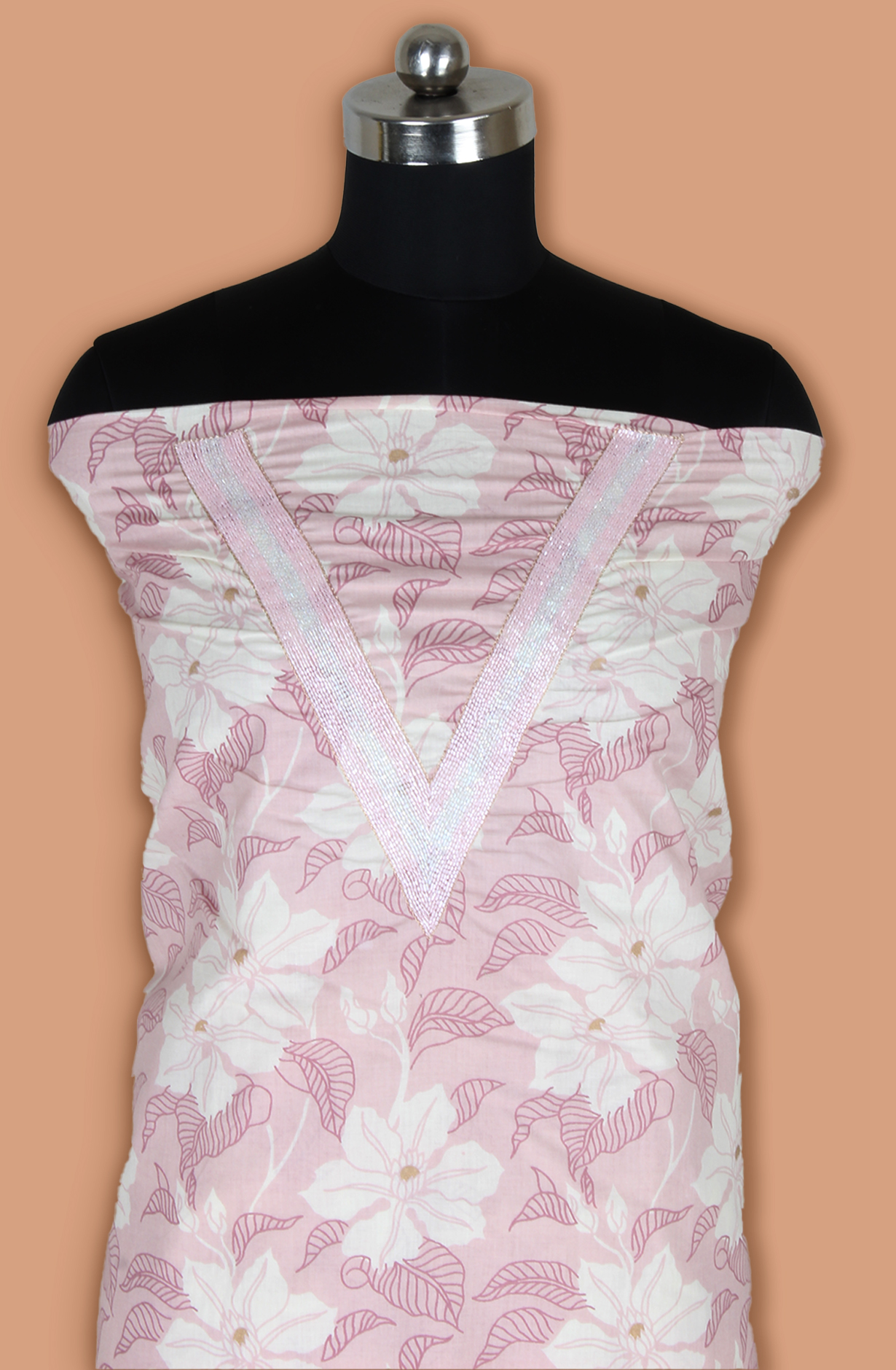 Peach Cotton Unstitched Printed Suit with Chiffon Dupatta - 693-JFJ718A