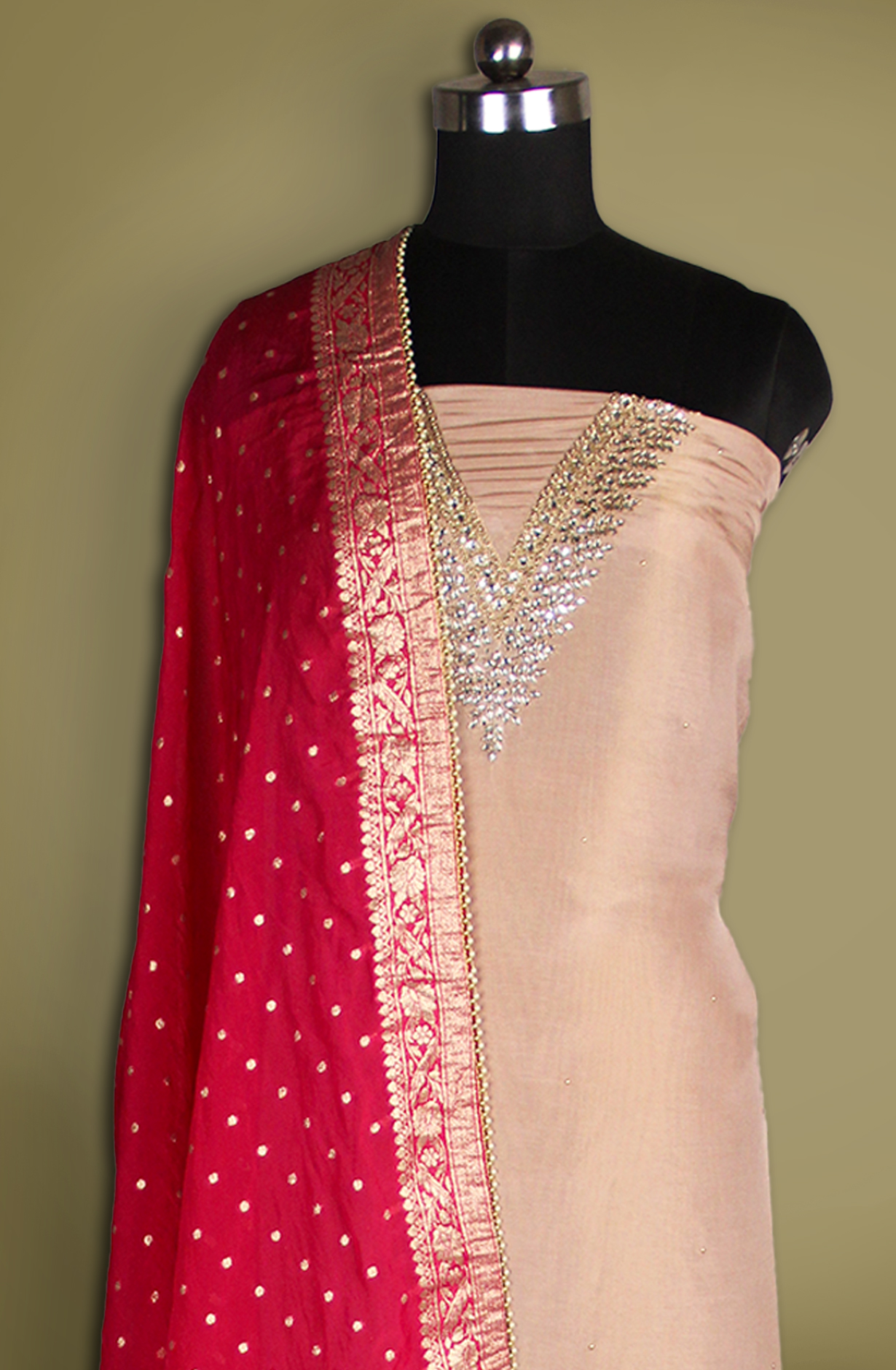 Peach Silk Unstitched Salwaar Kameez with Dupatta- 693-JFJ803A