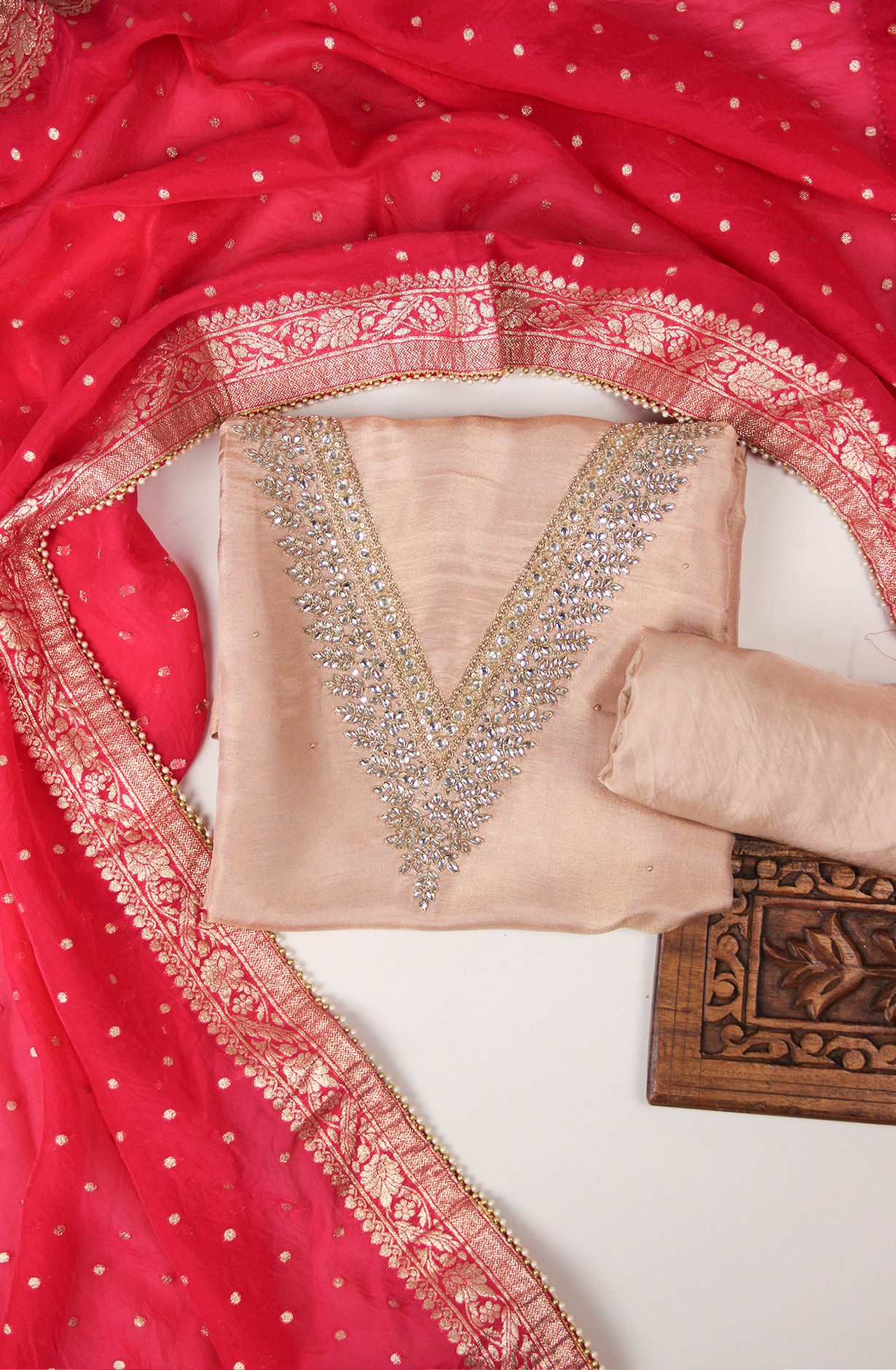 Peach Silk Unstitched Salwaar Kameez with Dupatta- 693-JFJ803A