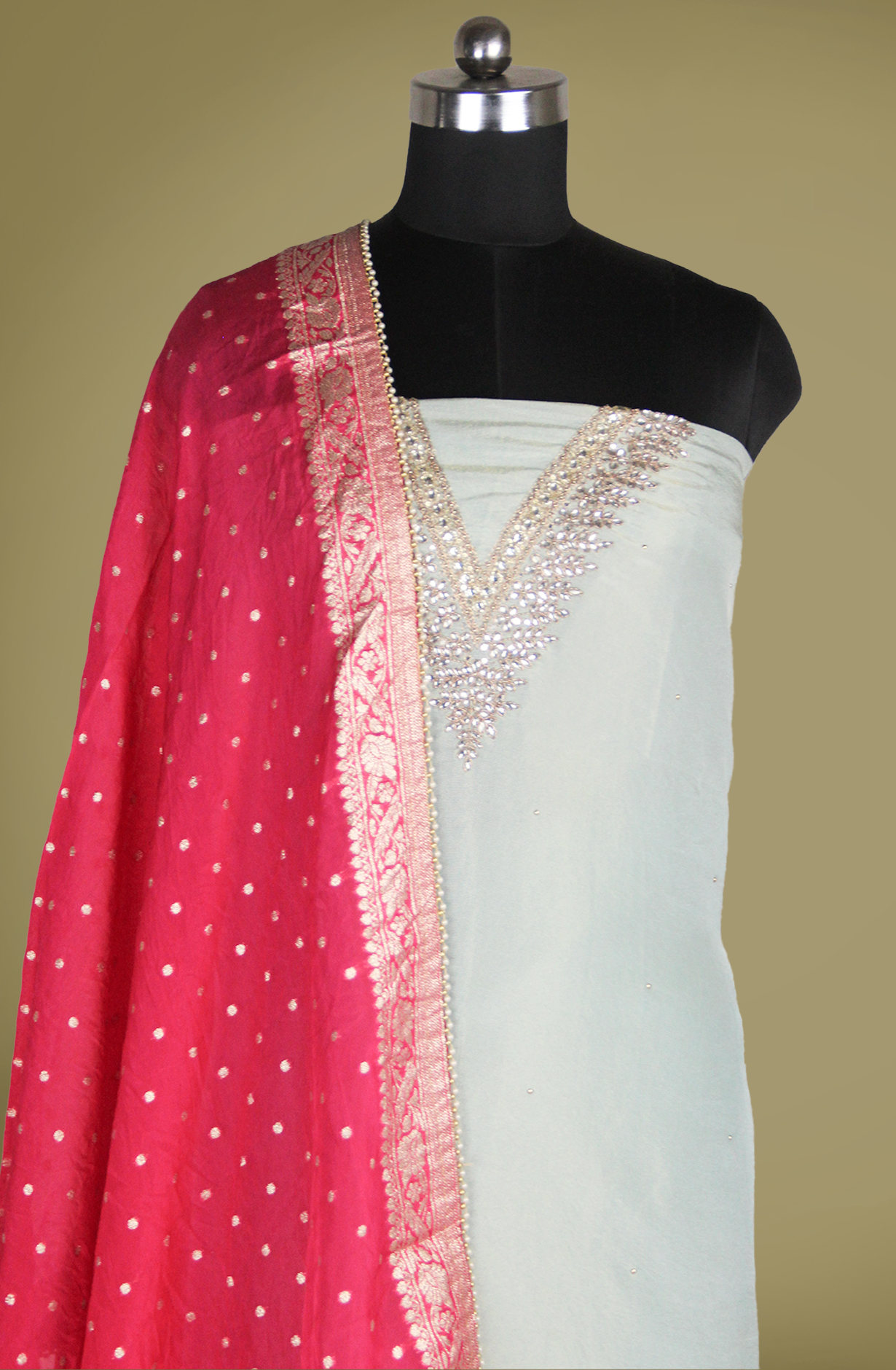 Pastel Green Silk Unstitched Salwaar Kameez with Dupatta- 693-JFJ803B