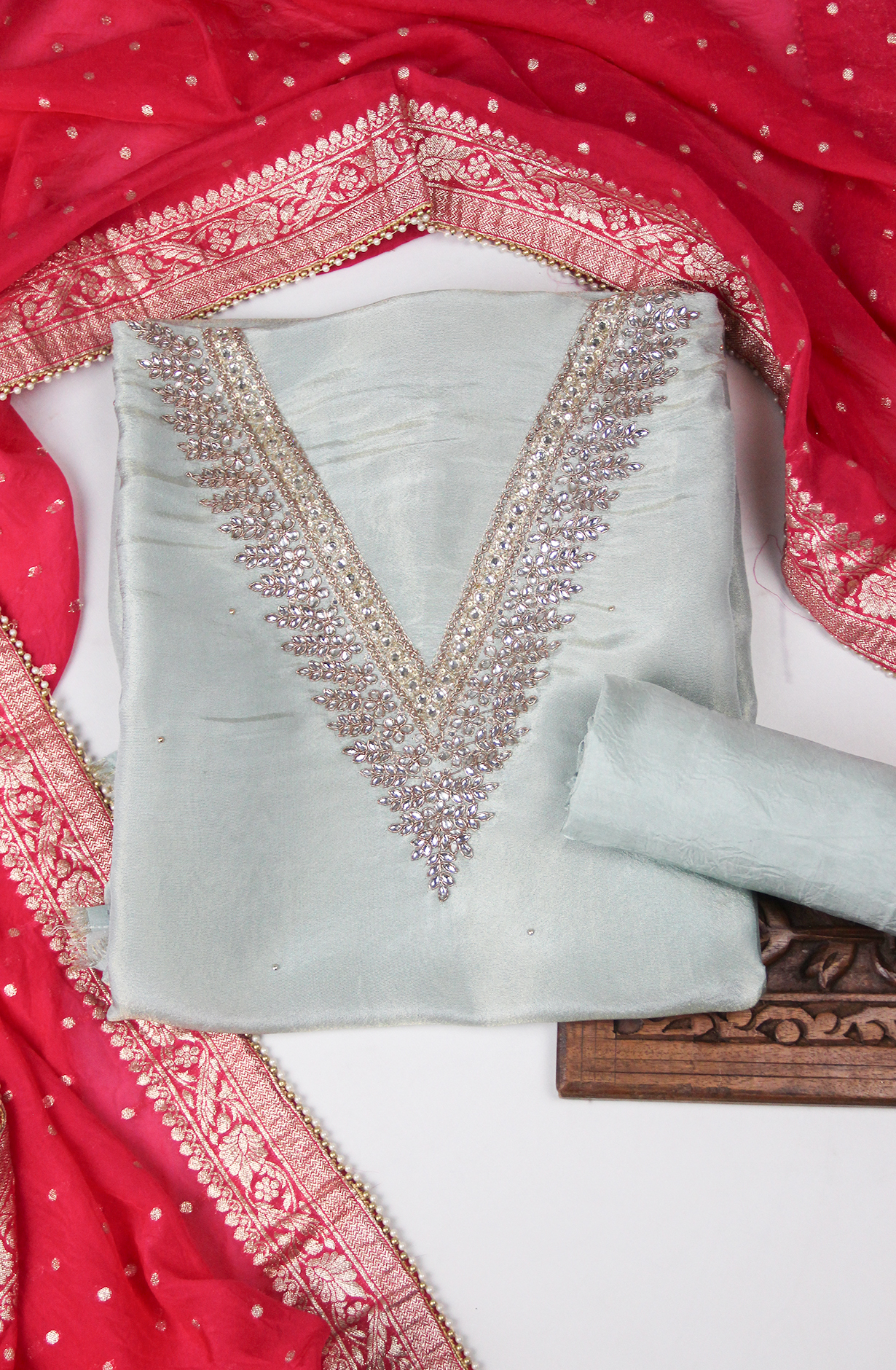 Pastel Green Silk Unstitched Salwaar Kameez with Dupatta- 693-JFJ803B