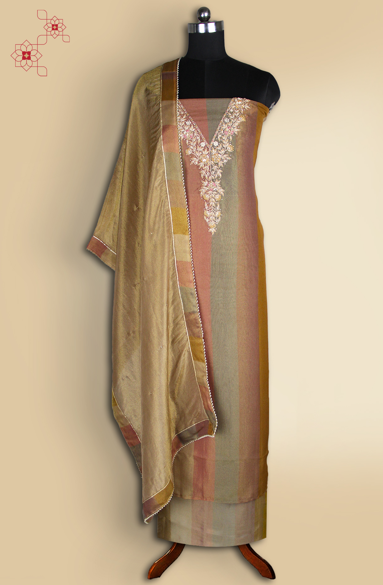 Brown Silk Unstitched Salwaar Kameez with Dupatta- 693-JFJ844
