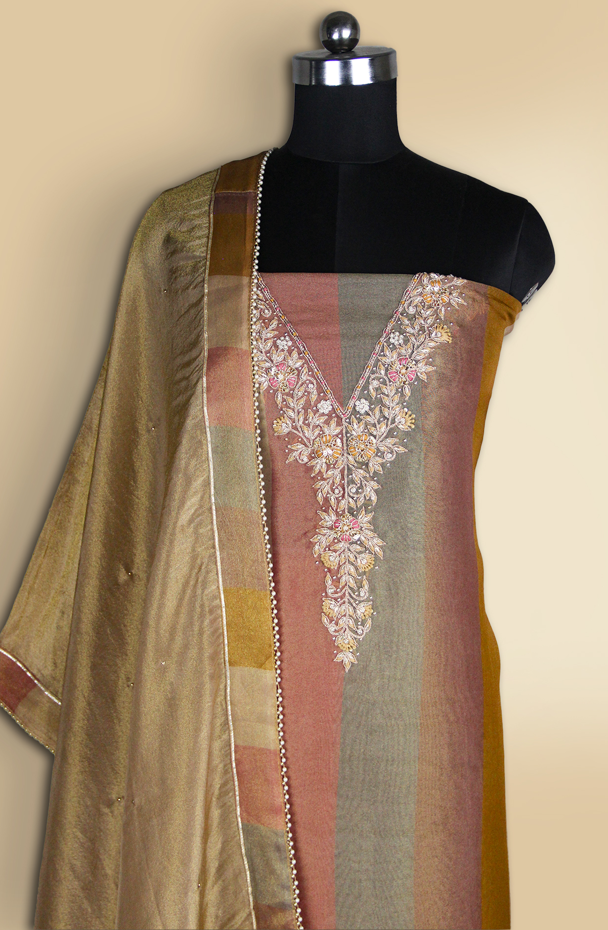 Brown Silk Unstitched Salwaar Kameez with Dupatta- 693-JFJ844