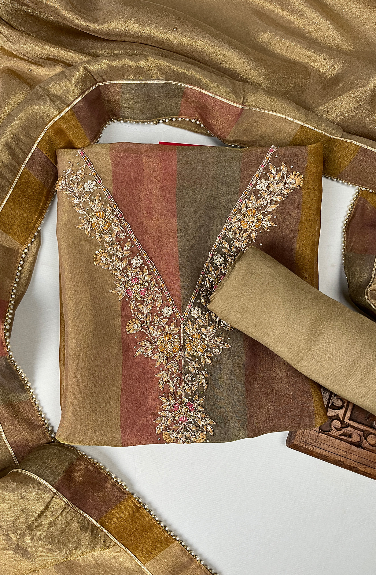 Brown Silk Unstitched Salwaar Kameez with Dupatta- 693-JFJ844