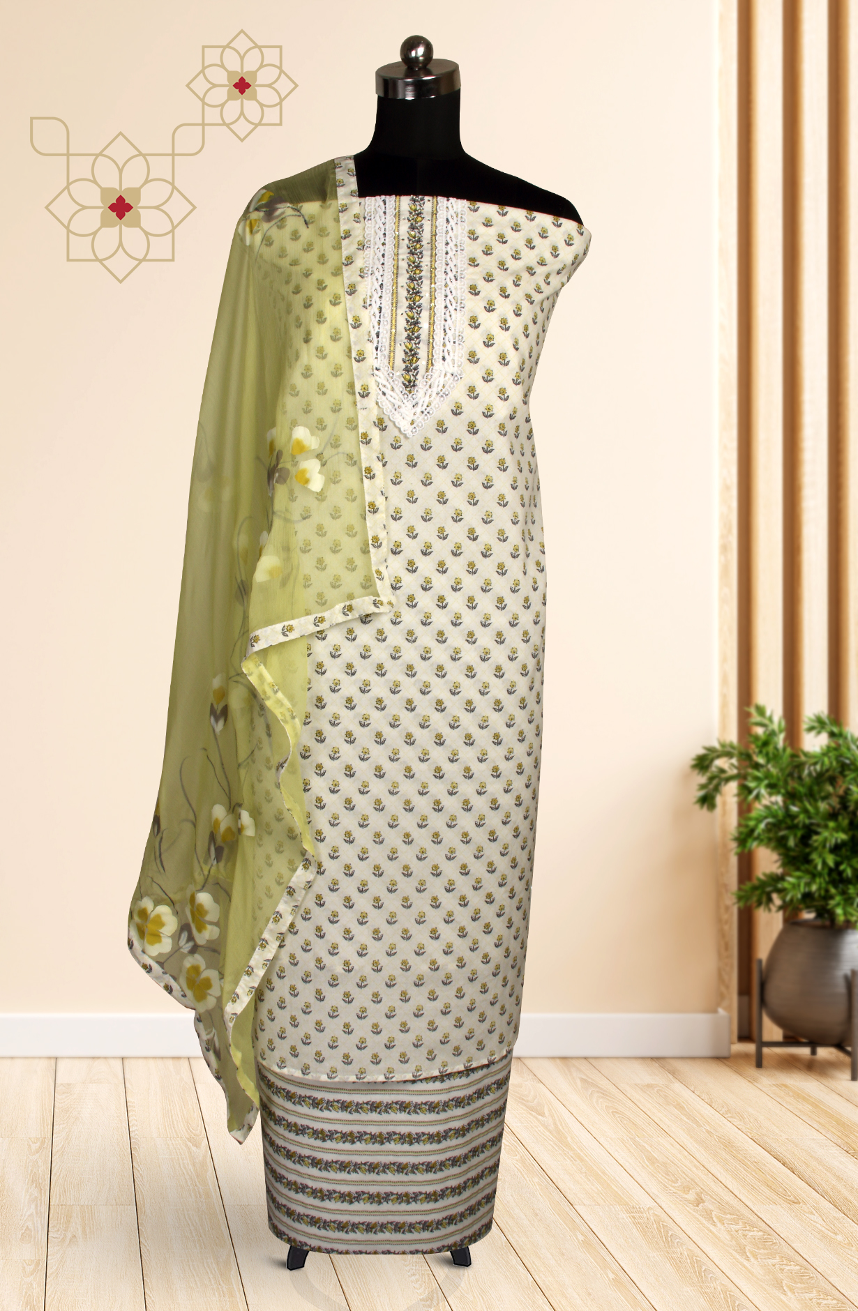 Cream and Green Cotton Printed Salwar Suit with Chiffon Dupatta - 693-MCJ37087