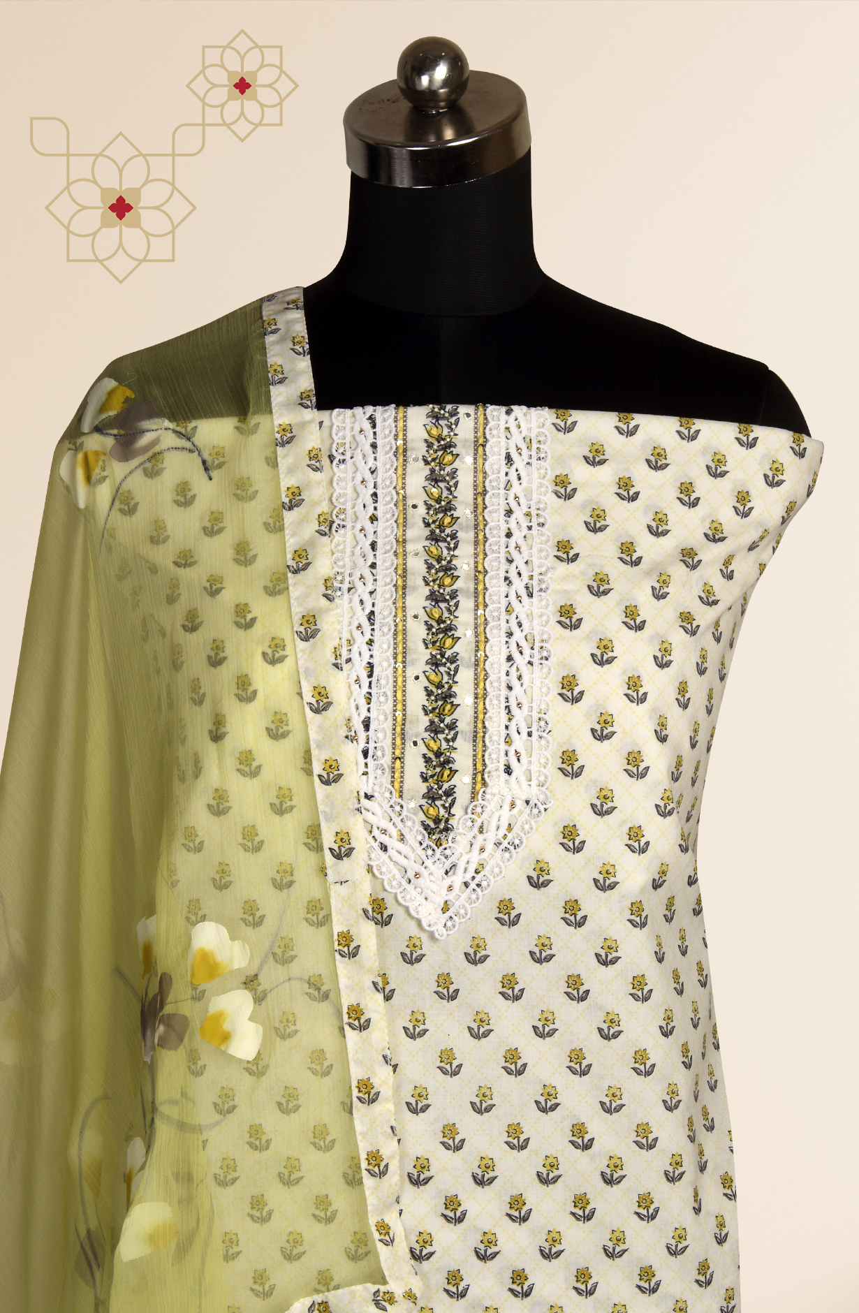 Cream and Green Cotton Printed Salwar Suit with Chiffon Dupatta - 693-MCJ37087