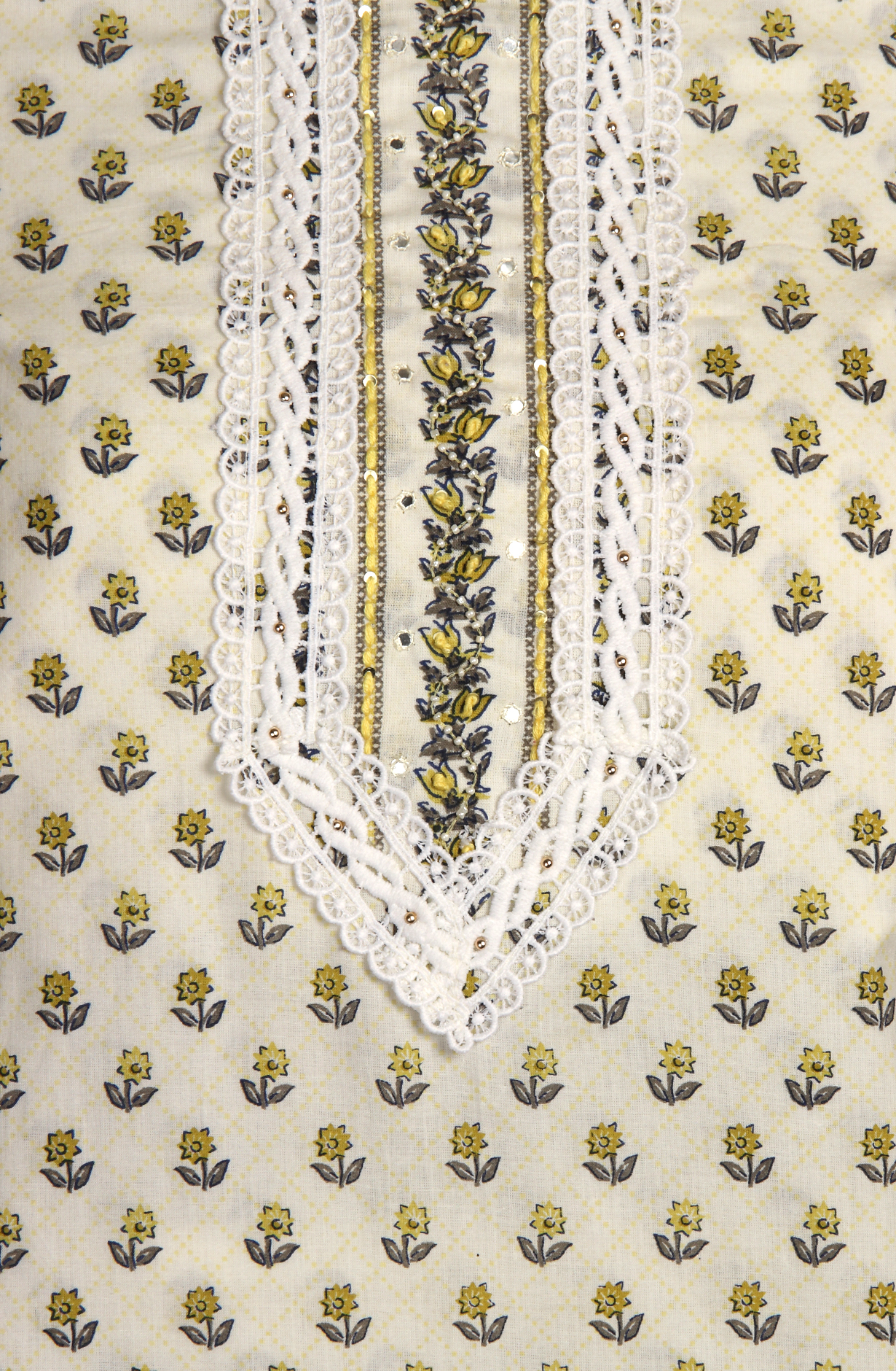 Cream and Green Cotton Printed Salwar Suit with Chiffon Dupatta - 693-MCJ37087