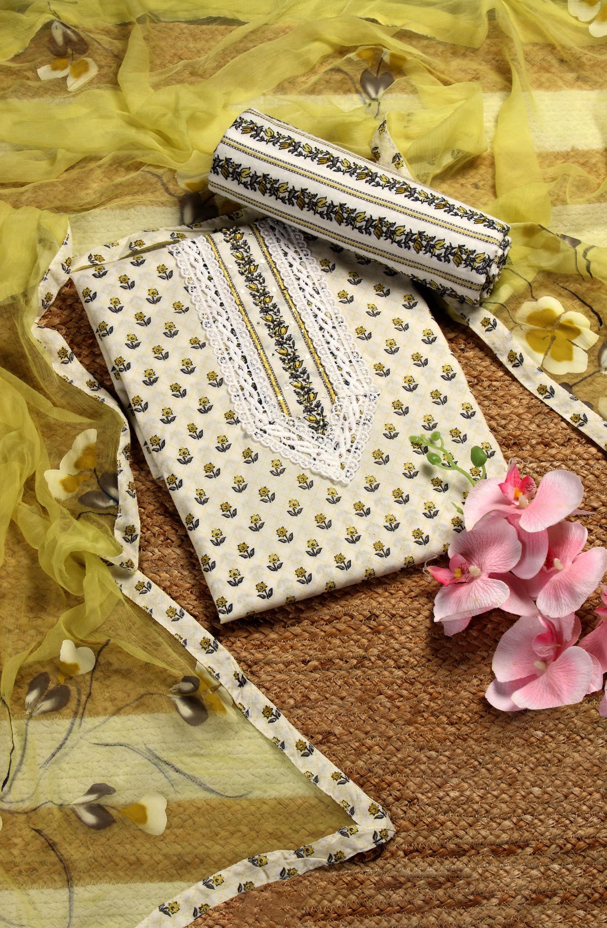 Cream and Green Cotton Printed Salwar Suit with Chiffon Dupatta - 693-MCJ37087